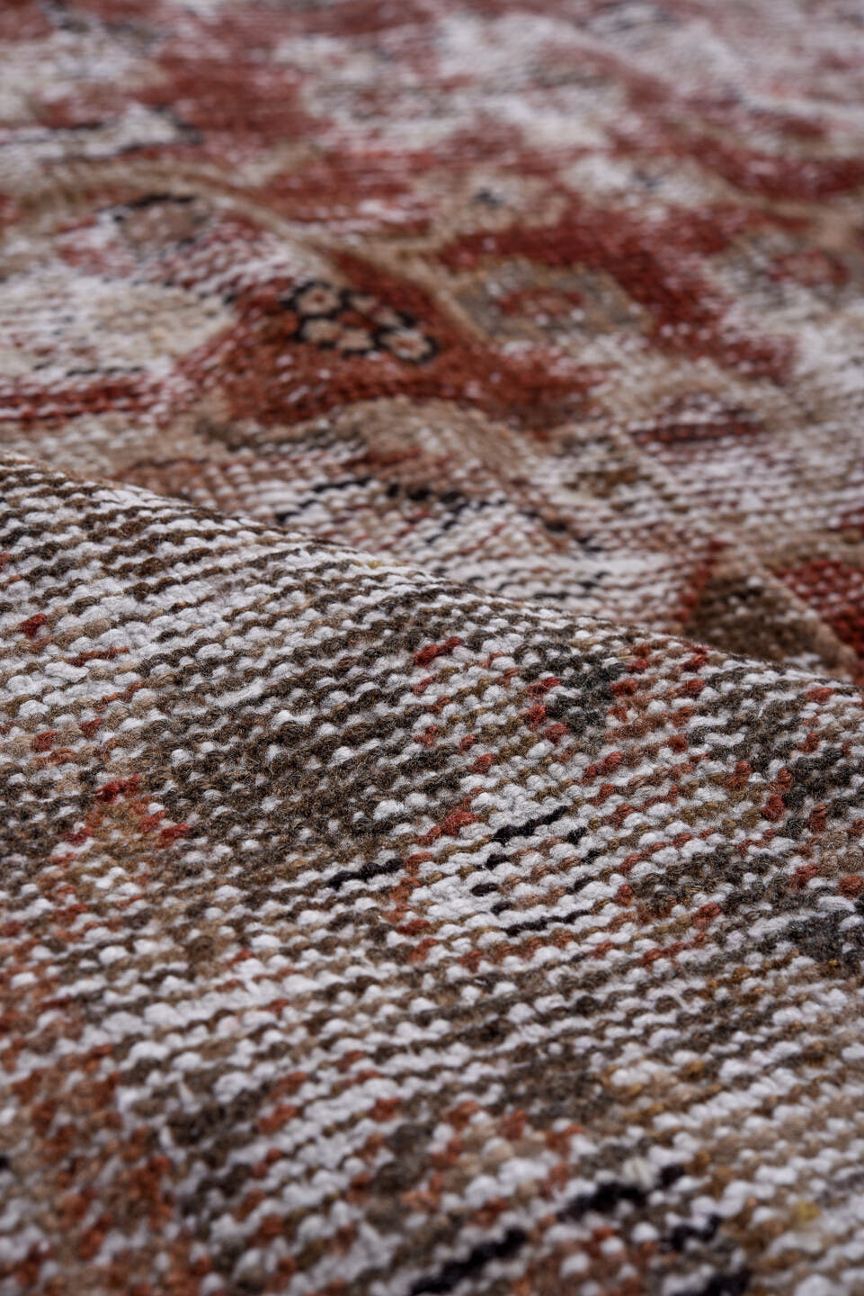 6' x 10' one-of-a-kind handmade vintage Mahal large size rug. Color palette: ivory, taupe, burgundy, charcoal, rose, brown