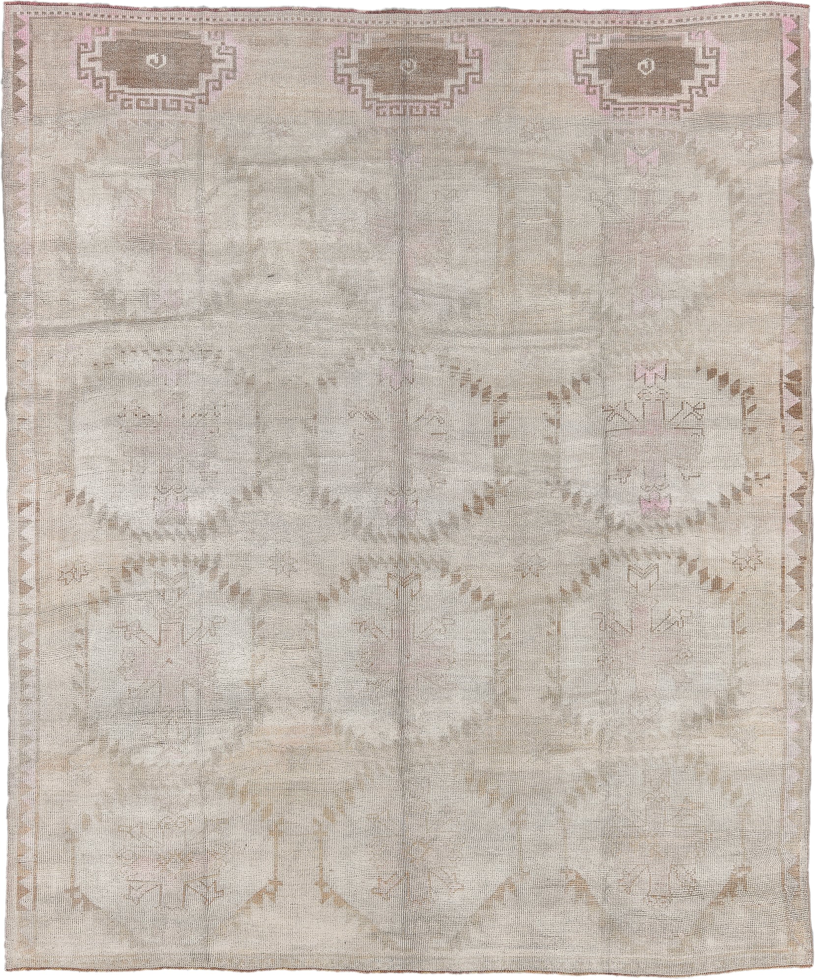 9' x 10' one-of-a-kind handmade antique Kars large size rug. Color palette: ivory, taupe, blush, camel, beige, rose, brown