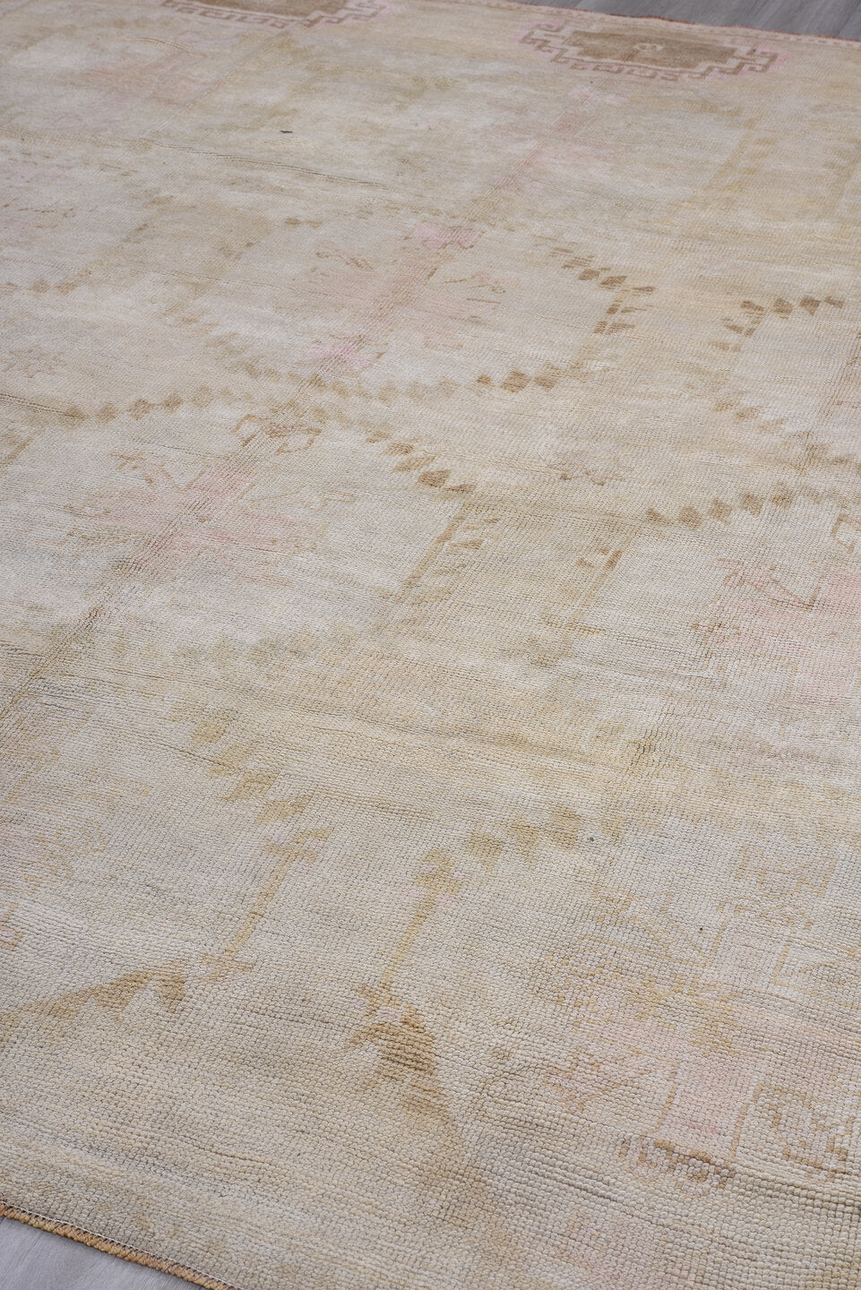 9' x 10' one-of-a-kind handmade antique Kars large size rug. Color palette: ivory, taupe, blush, camel, beige, rose, brown