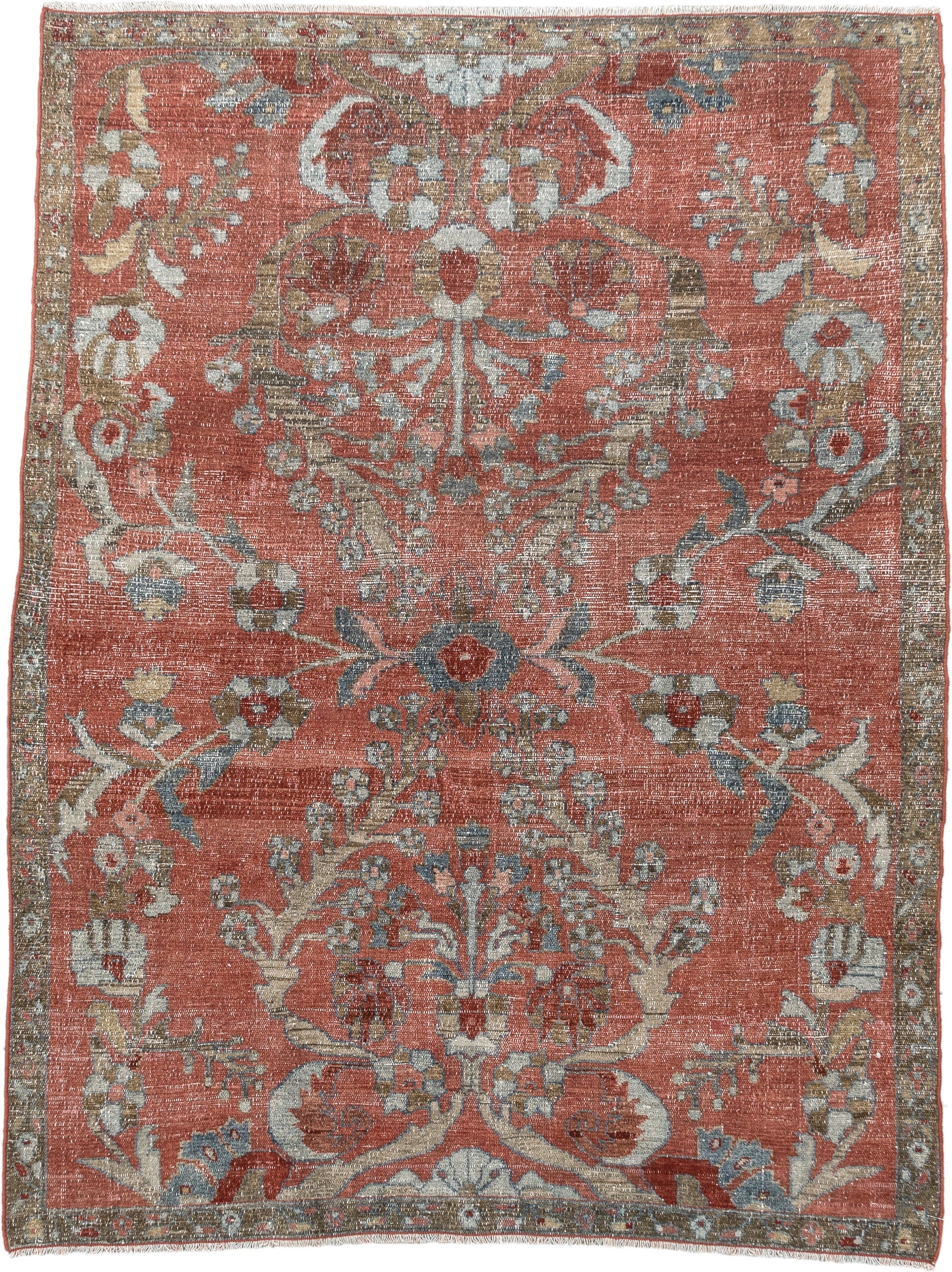 3' x 5' one-of-a-kind handmade antique Lilian small size rug. Color palette: terracotta, ivory, taupe, slate, camel, rust