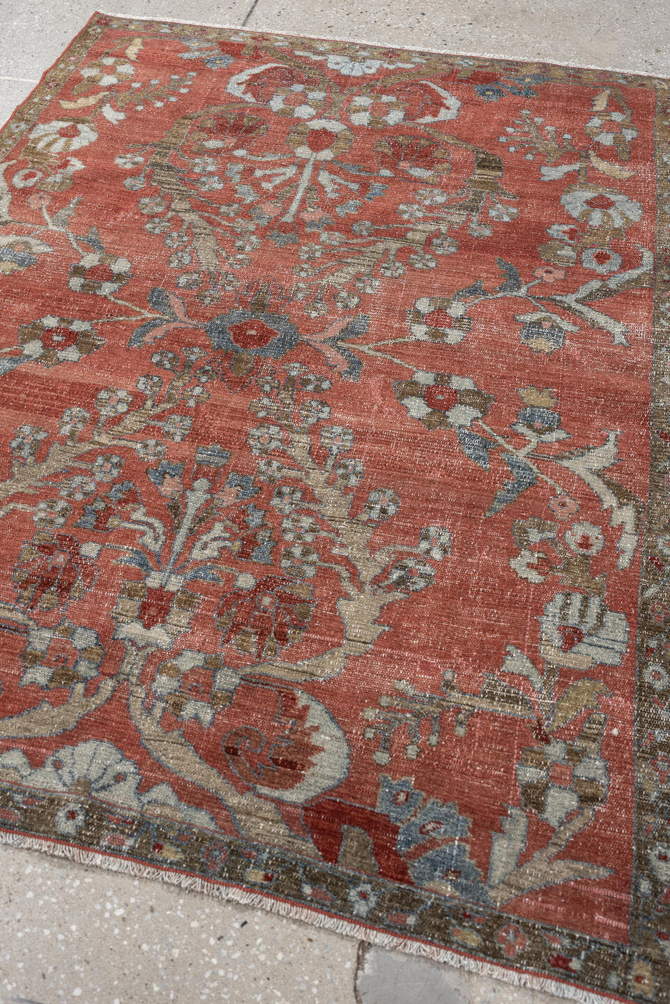 3' x 5' one-of-a-kind handmade antique Lilian small size rug. Color palette: terracotta, ivory, taupe, slate, camel, rust