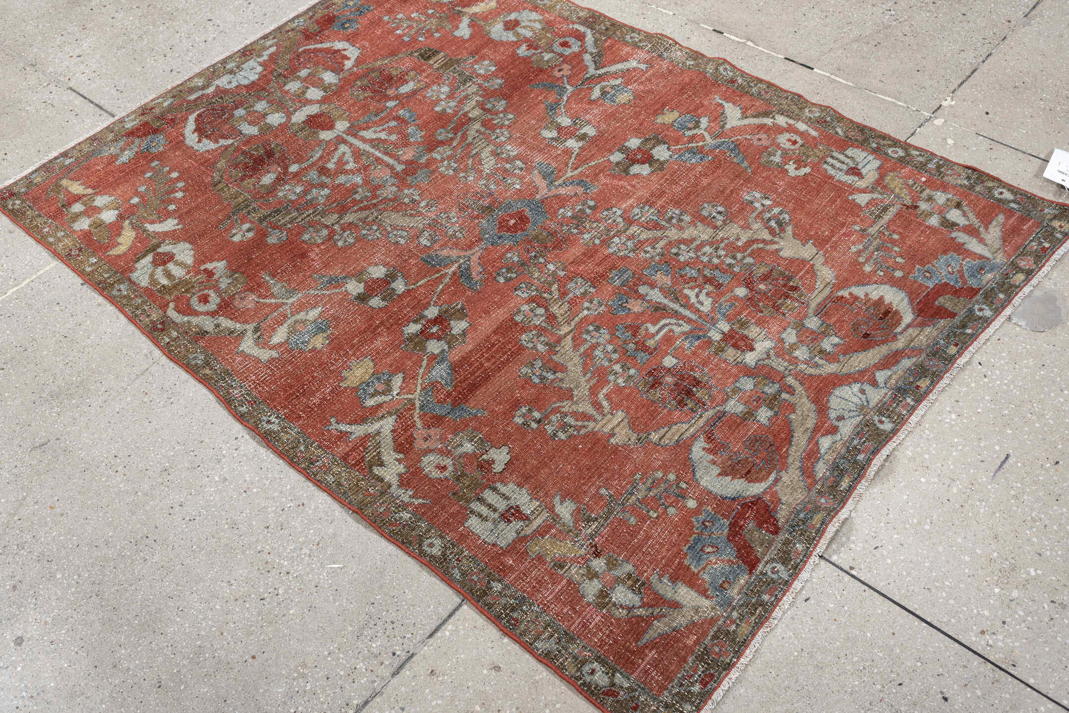 3' x 5' one-of-a-kind handmade antique Lilian small size rug. Color palette: terracotta, ivory, taupe, slate, camel, rust