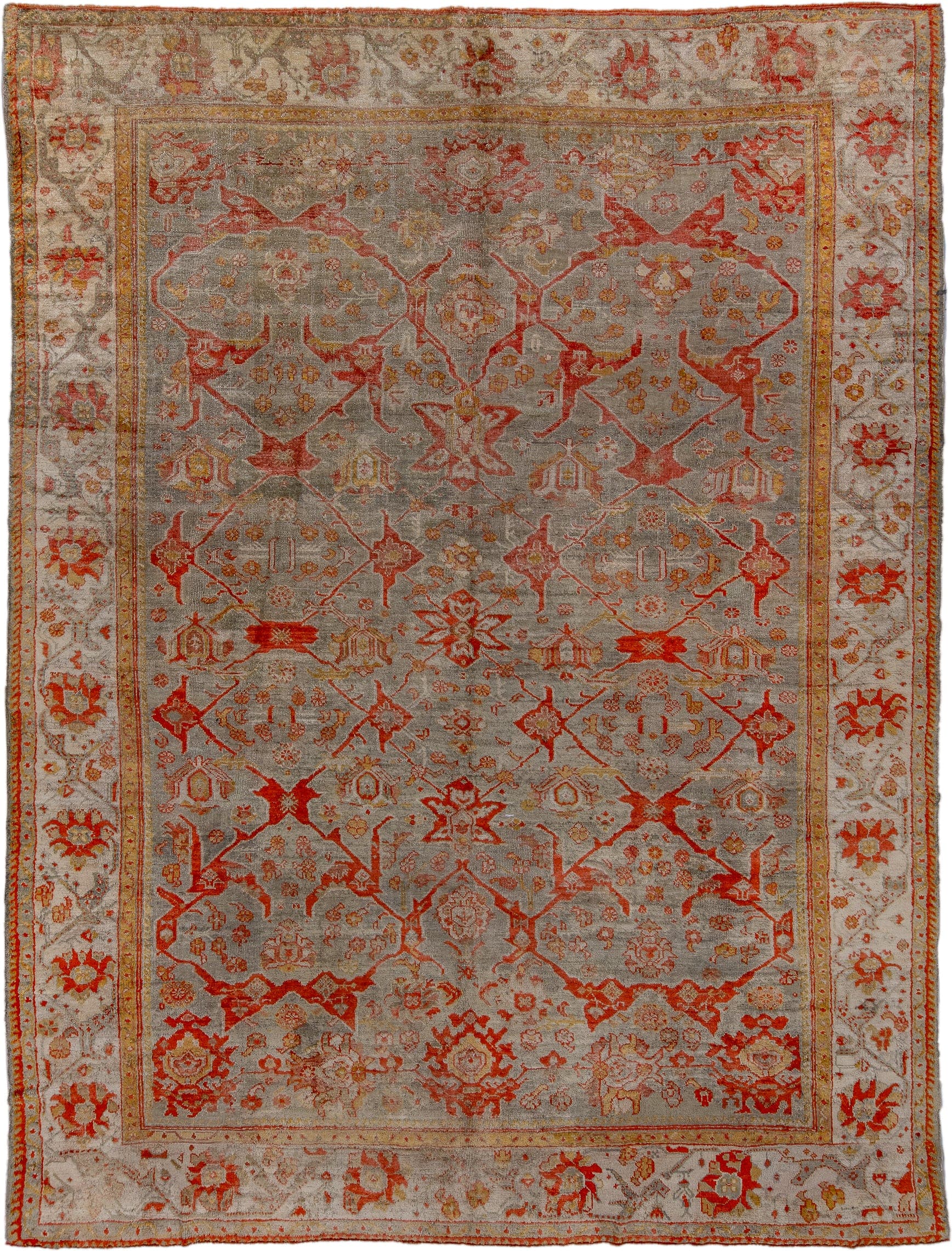 10' x 13' one-of-a-kind handmade antique Oushak large size rug. Color palette: gray, ivory, coral, rust, gold, beige, taupe