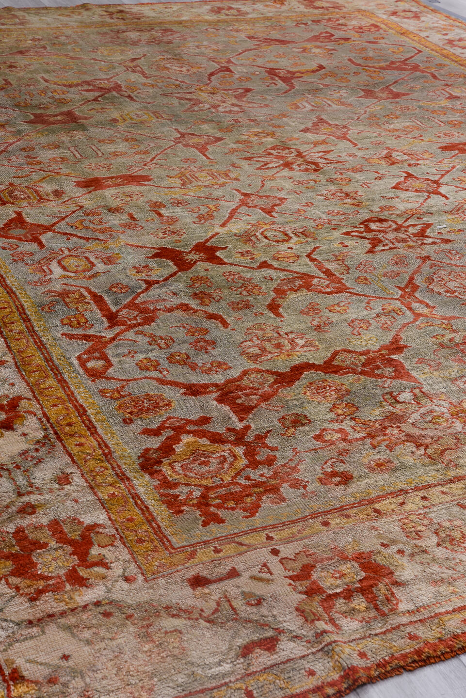 10' x 13' one-of-a-kind handmade antique Oushak large size rug. Color palette: gray, ivory, coral, rust, gold, beige, taupe