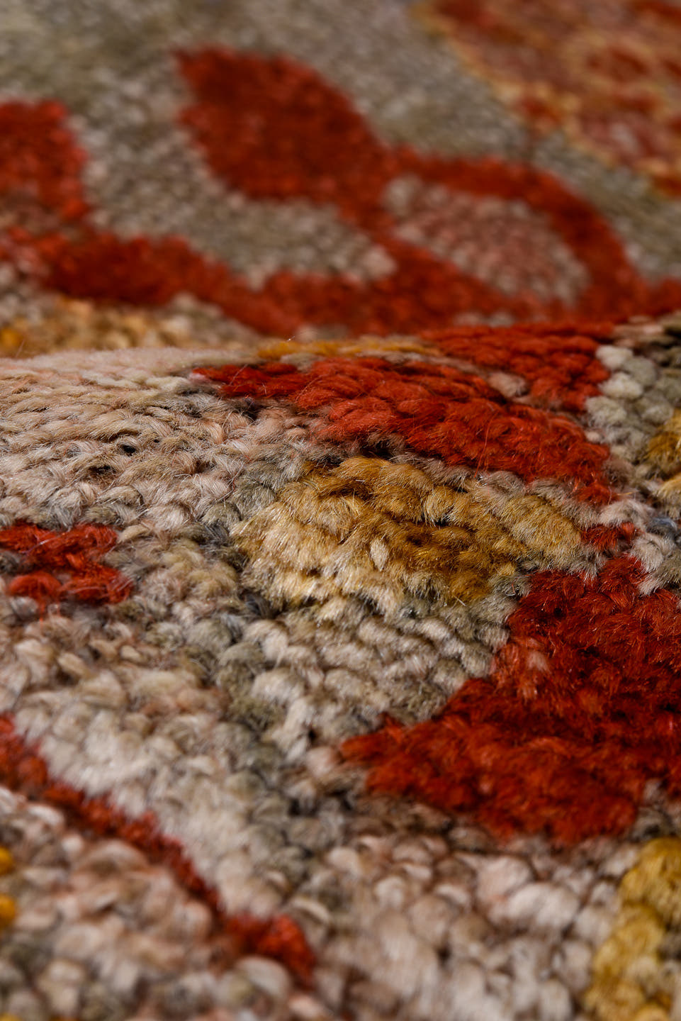 10' x 13' one-of-a-kind handmade antique Oushak large size rug. Color palette: gray, ivory, coral, rust, gold, beige, taupe