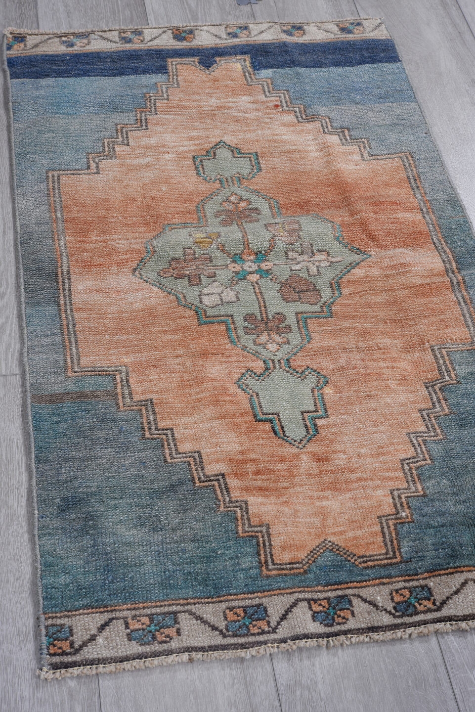 2' x 3' one-of-a-kind handmade vintage Oushak small size rug. Color palette: blue, brown, dark gray, fiord, gray, light blue