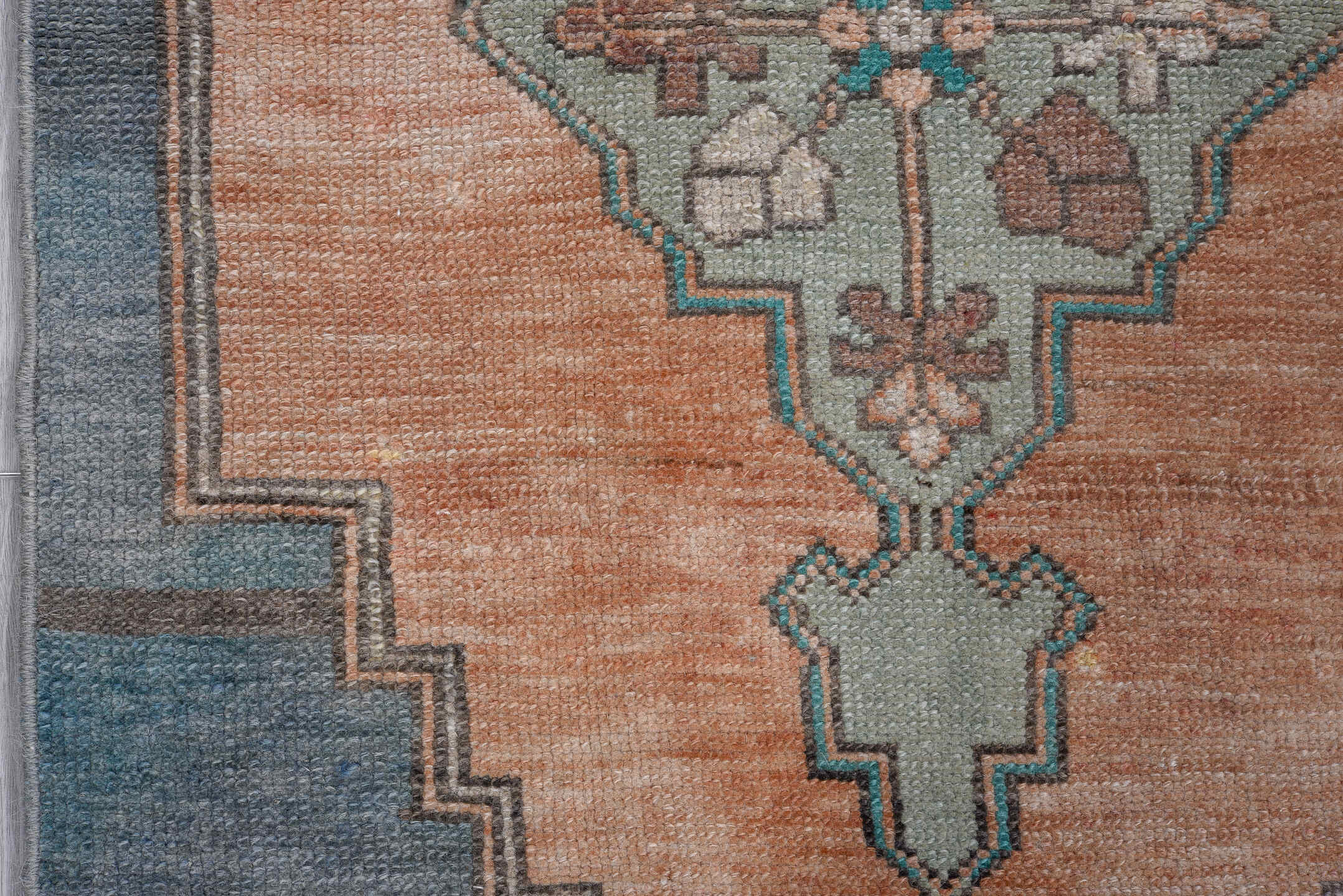 2' x 3' one-of-a-kind handmade vintage Oushak small size rug. Color palette: blue, brown, dark gray, fiord, gray, light blue