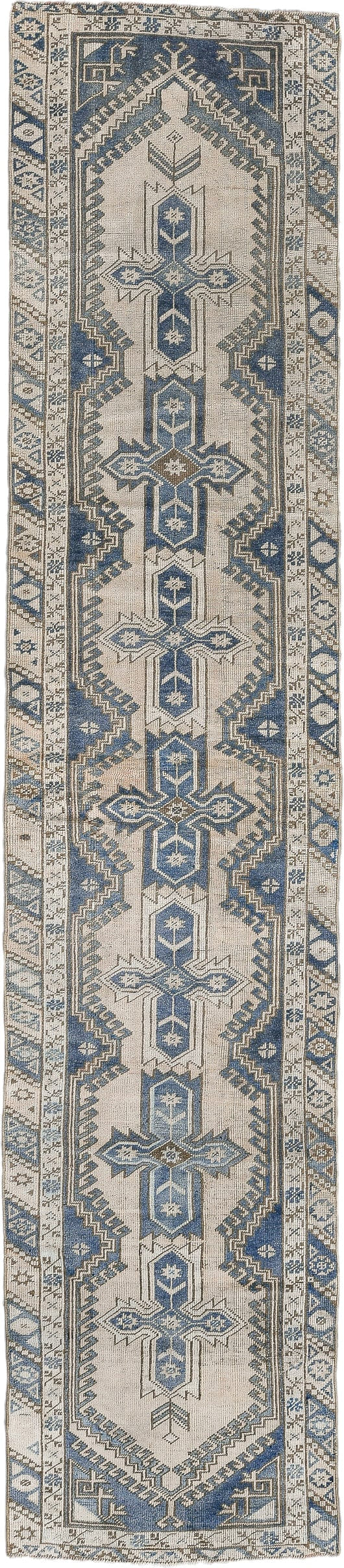 2' x 11' one-of-a-kind handmade antique Oushak runner rug. Color palette: ivory, slate, blue, taupe, charcoal, gray, beige