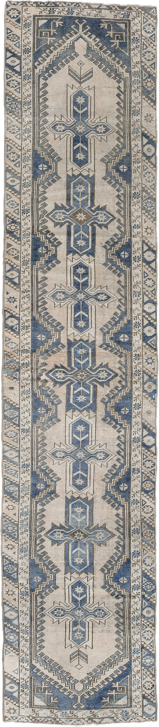 2' x 11' one-of-a-kind handmade antique Oushak runner rug. Color palette: ivory, slate, blue, taupe, charcoal, gray, beige
