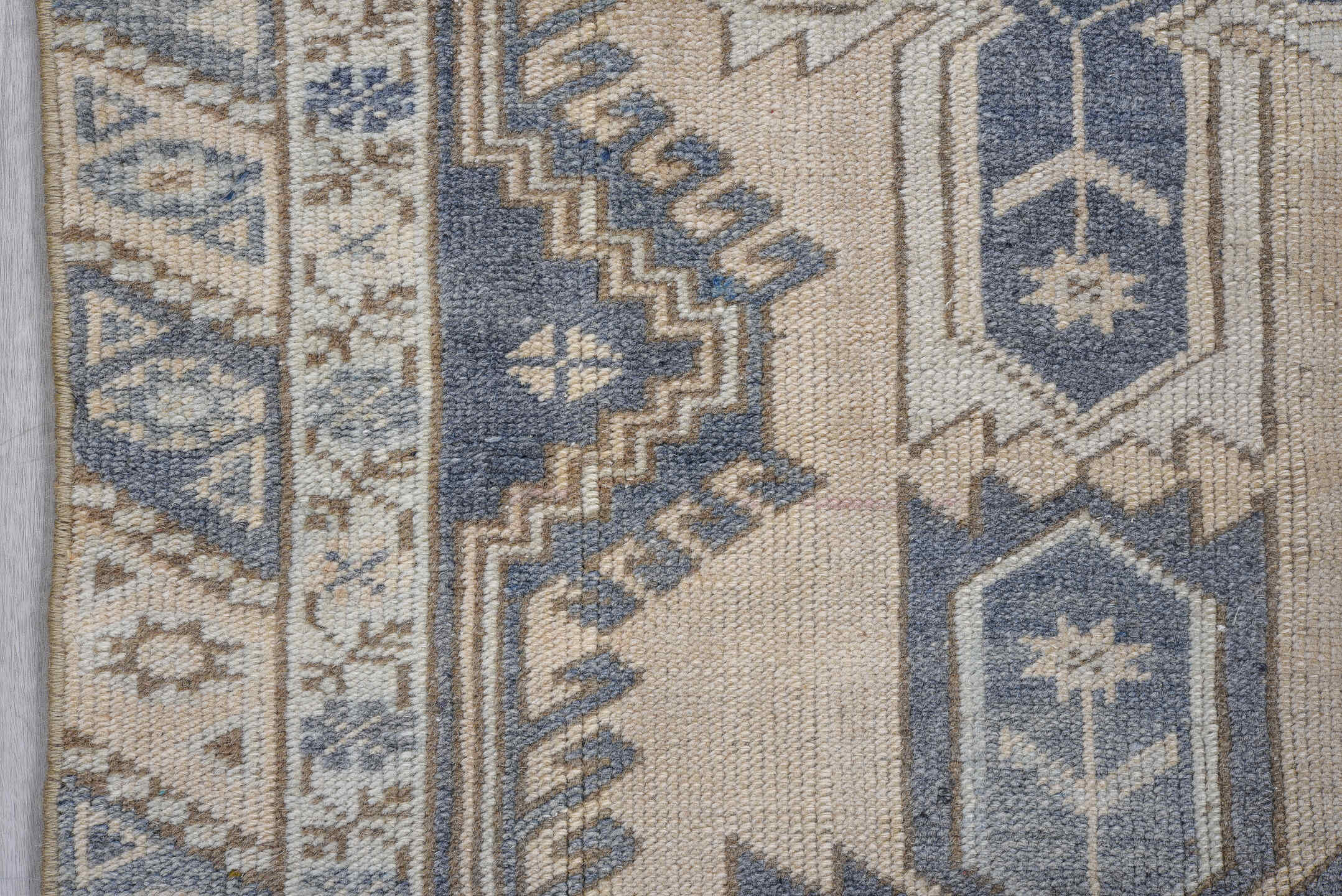 2' x 11' one-of-a-kind handmade antique Oushak runner rug. Color palette: ivory, slate, blue, taupe, charcoal, gray, beige