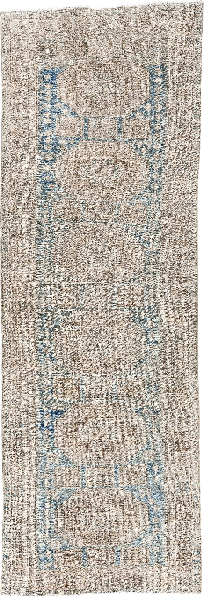 3' x 9' one-of-a-kind handmade antique Oushak runner rug. Color palette: ivory, sky blue, beige, taupe, sand, light blue