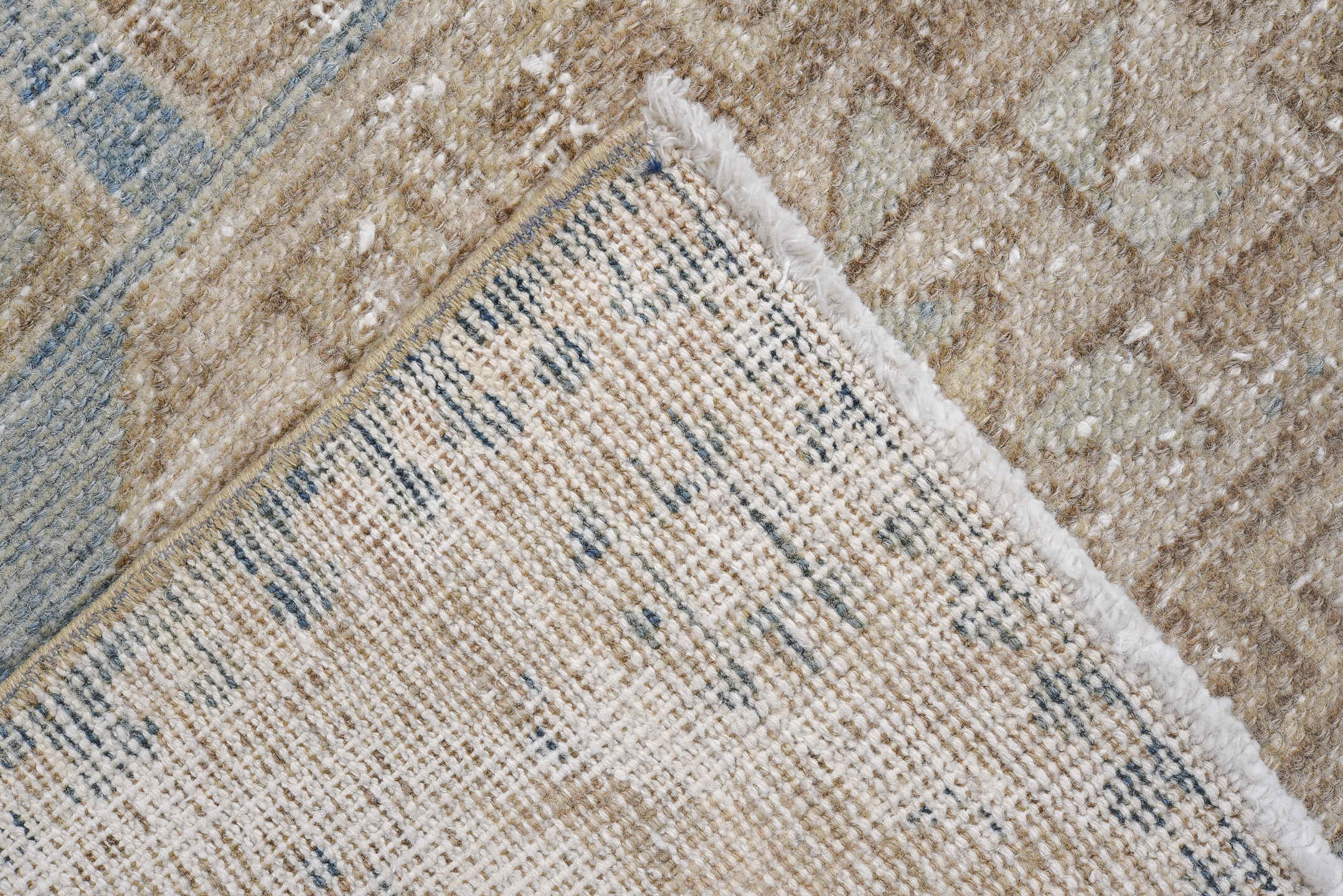 3' x 9' one-of-a-kind handmade antique Oushak runner rug. Color palette: ivory, sky blue, beige, taupe, sand, light blue