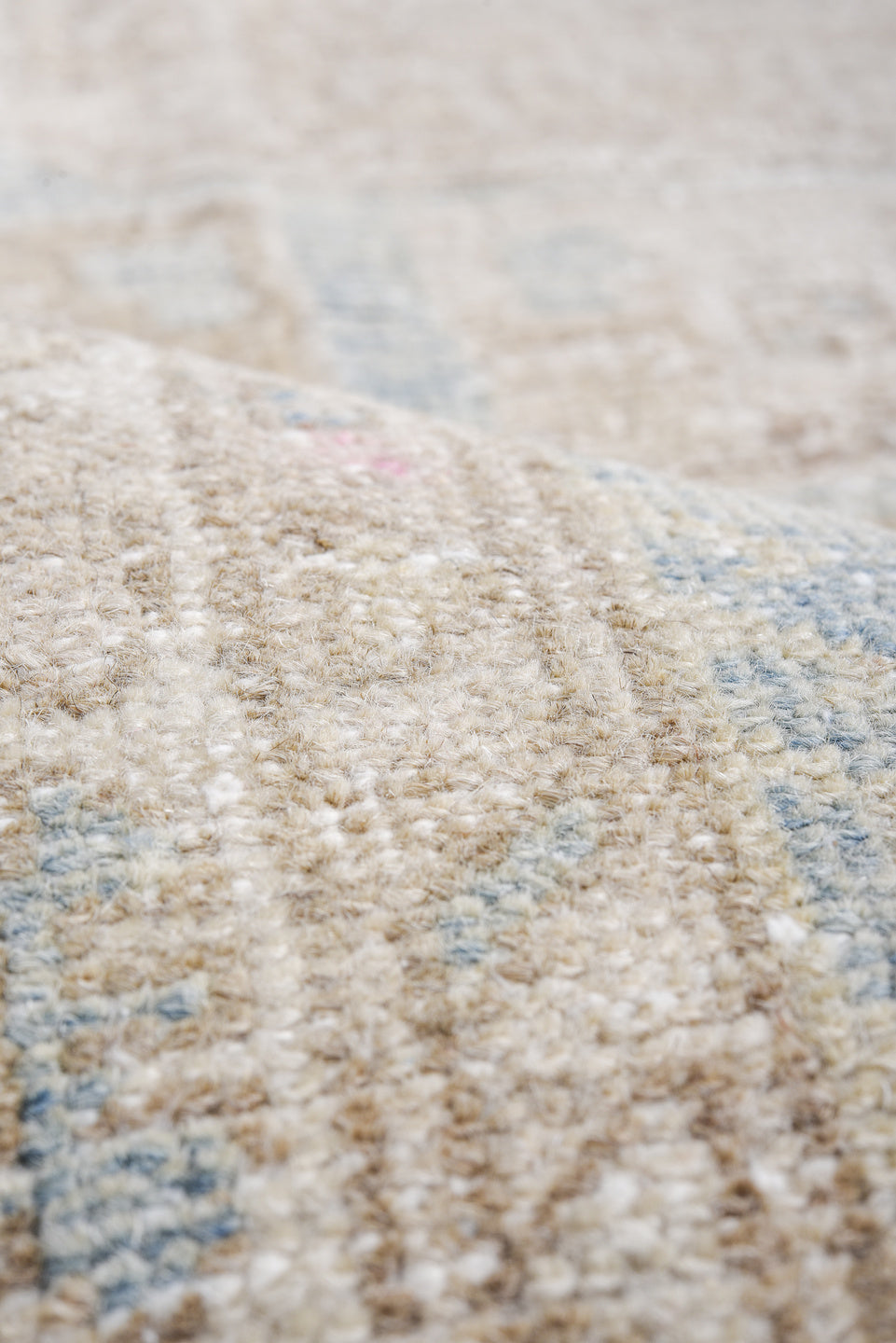 3' x 9' one-of-a-kind handmade antique Oushak runner rug. Color palette: ivory, sky blue, beige, taupe, sand, light blue