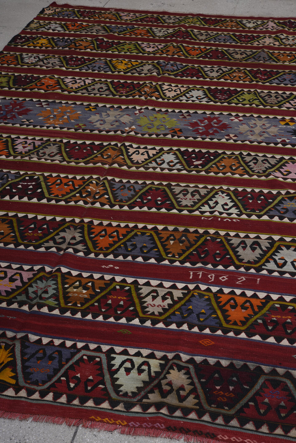 6' x 12' one-of-a-kind handmade vintage Kilim large size rug. Color palette: blue, brown, burgundy, dim gray, gainsboro