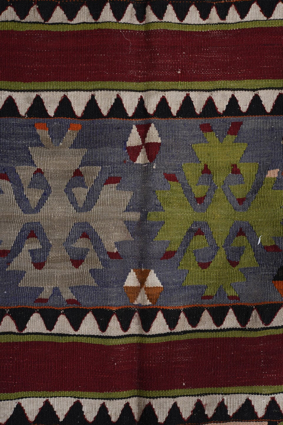 6' x 12' one-of-a-kind handmade antique Kilim large size rug. Color palette: burgundy, ivory, charcoal, slate, rust, olive