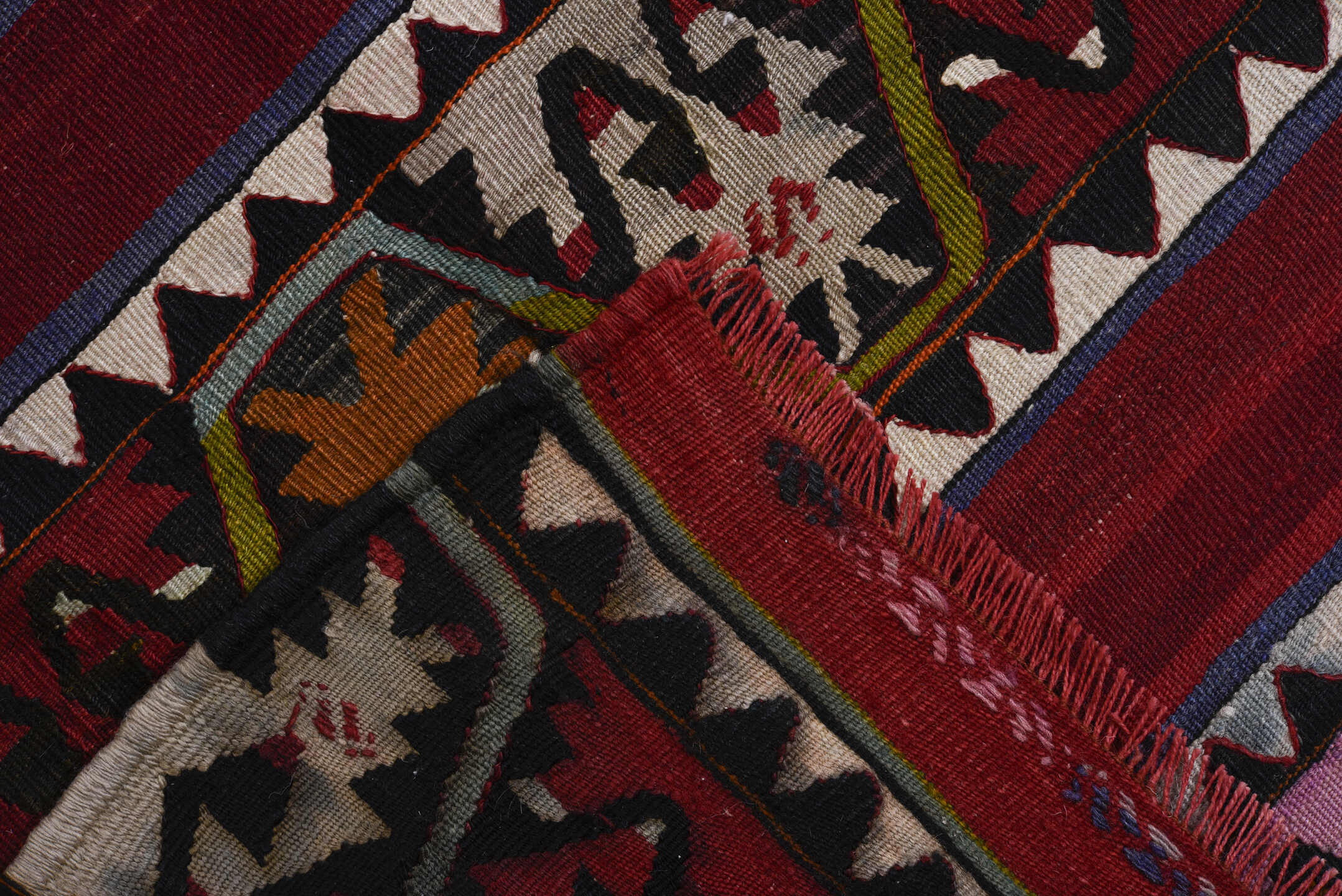 6' x 12' one-of-a-kind handmade antique Kilim large size rug. Color palette: burgundy, ivory, charcoal, slate, rust, olive