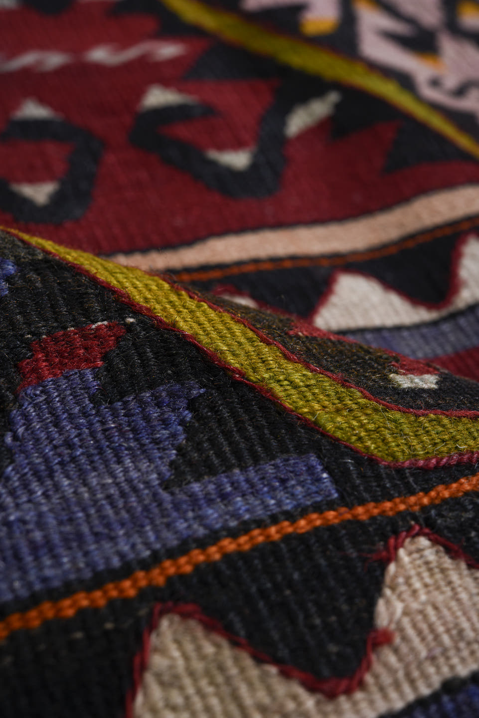 6' x 12' one-of-a-kind handmade antique Kilim large size rug. Color palette: burgundy, ivory, charcoal, slate, rust, olive