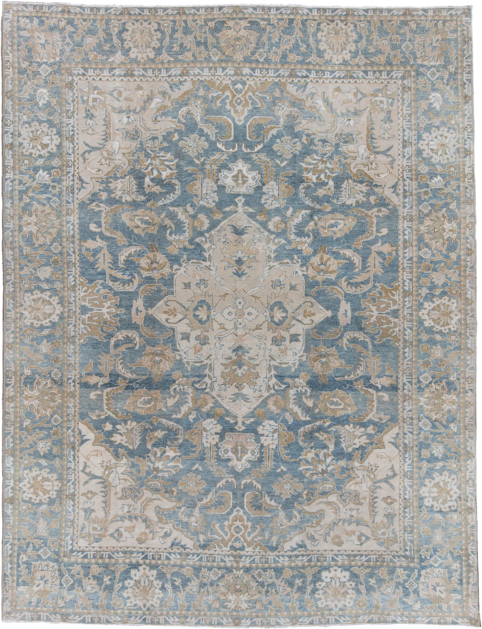 7' x 10' one-of-a-kind handmade antique Heriz large size rug. Color palette: light blue, ivory, beige, taupe, sage, gray