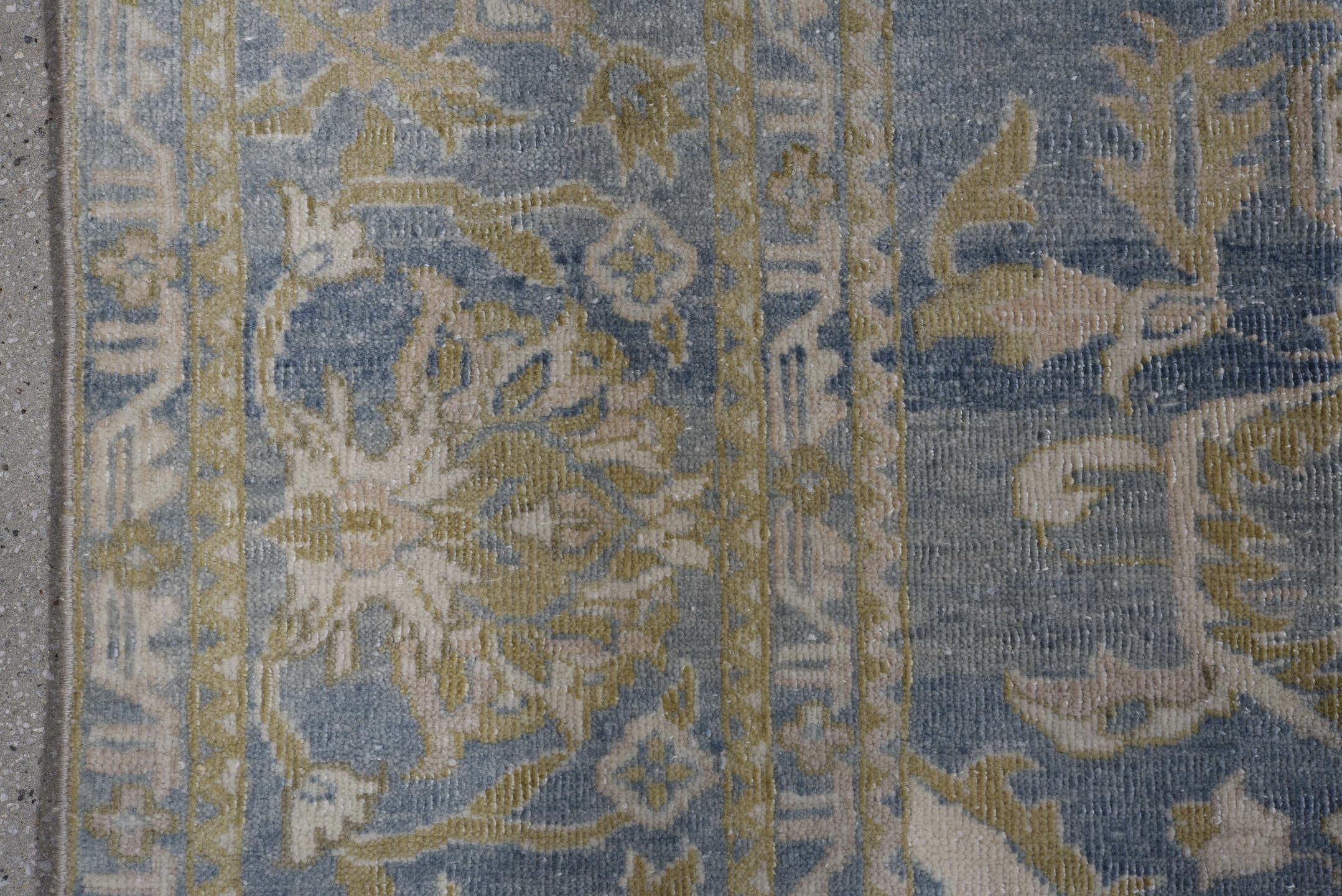 7' x 10' one-of-a-kind handmade antique Heriz large size rug. Color palette: light blue, ivory, beige, taupe, sage, gray