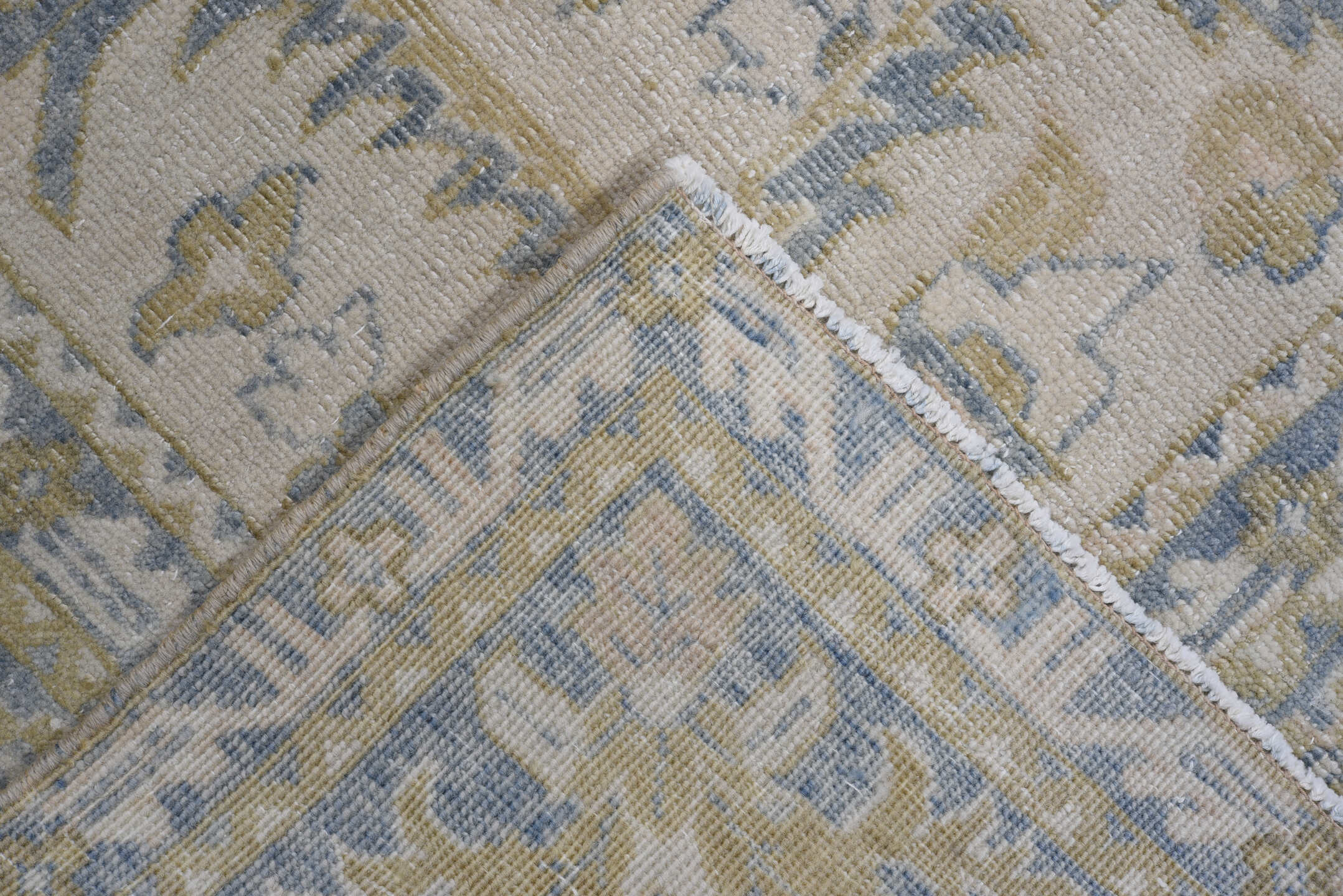 7' x 10' one-of-a-kind handmade antique Heriz large size rug. Color palette: light blue, ivory, beige, taupe, sage, gray