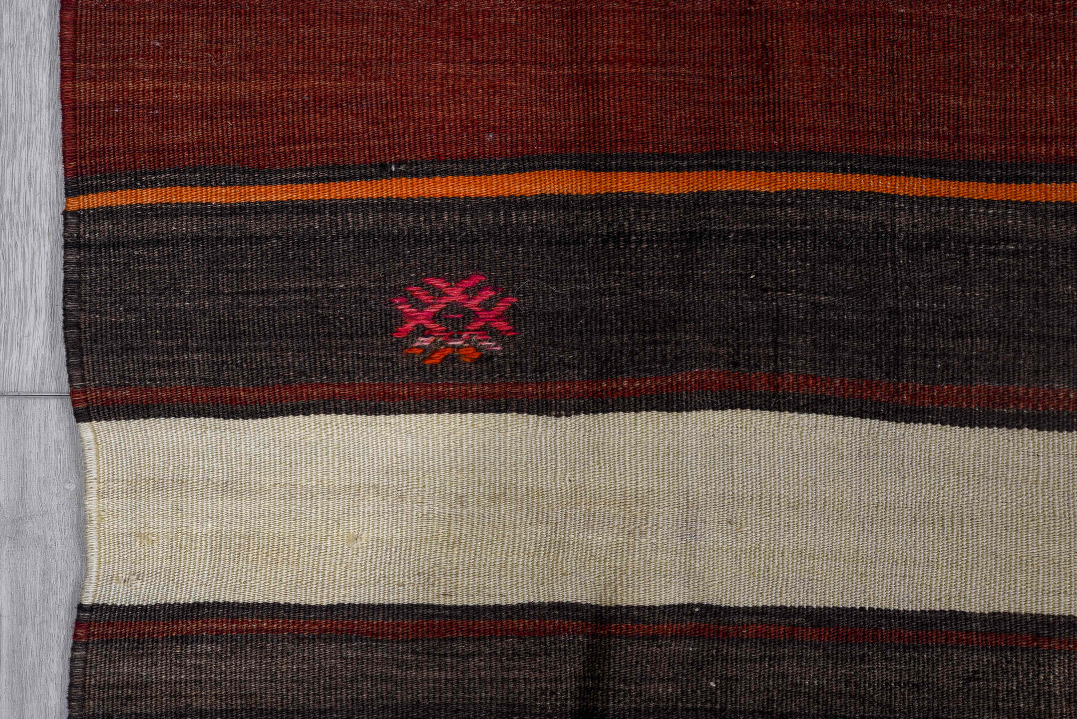 7' x 12' one-of-a-kind handmade vintage Kilim large size rug. Color palette: charcoal, ivory, rust, crimson, mahogany, gray