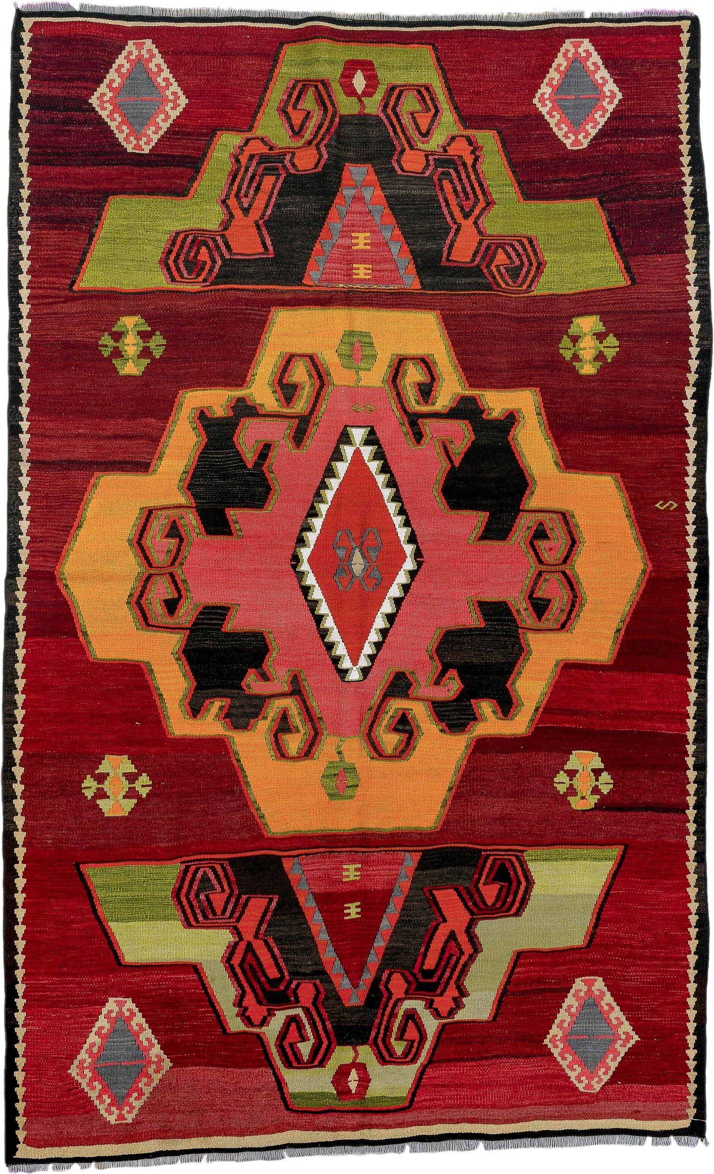 5' x 8' one-of-a-kind handmade vintage Kilim medium size rug. Color palette: burgundy, black, olive, coral, camel, ivory