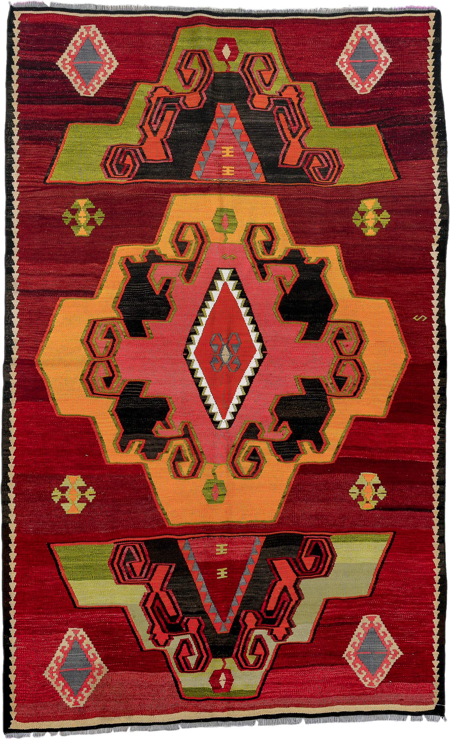 5' x 8' one-of-a-kind handmade vintage Kilim medium size rug. Color palette: burgundy, black, olive, coral, camel, ivory