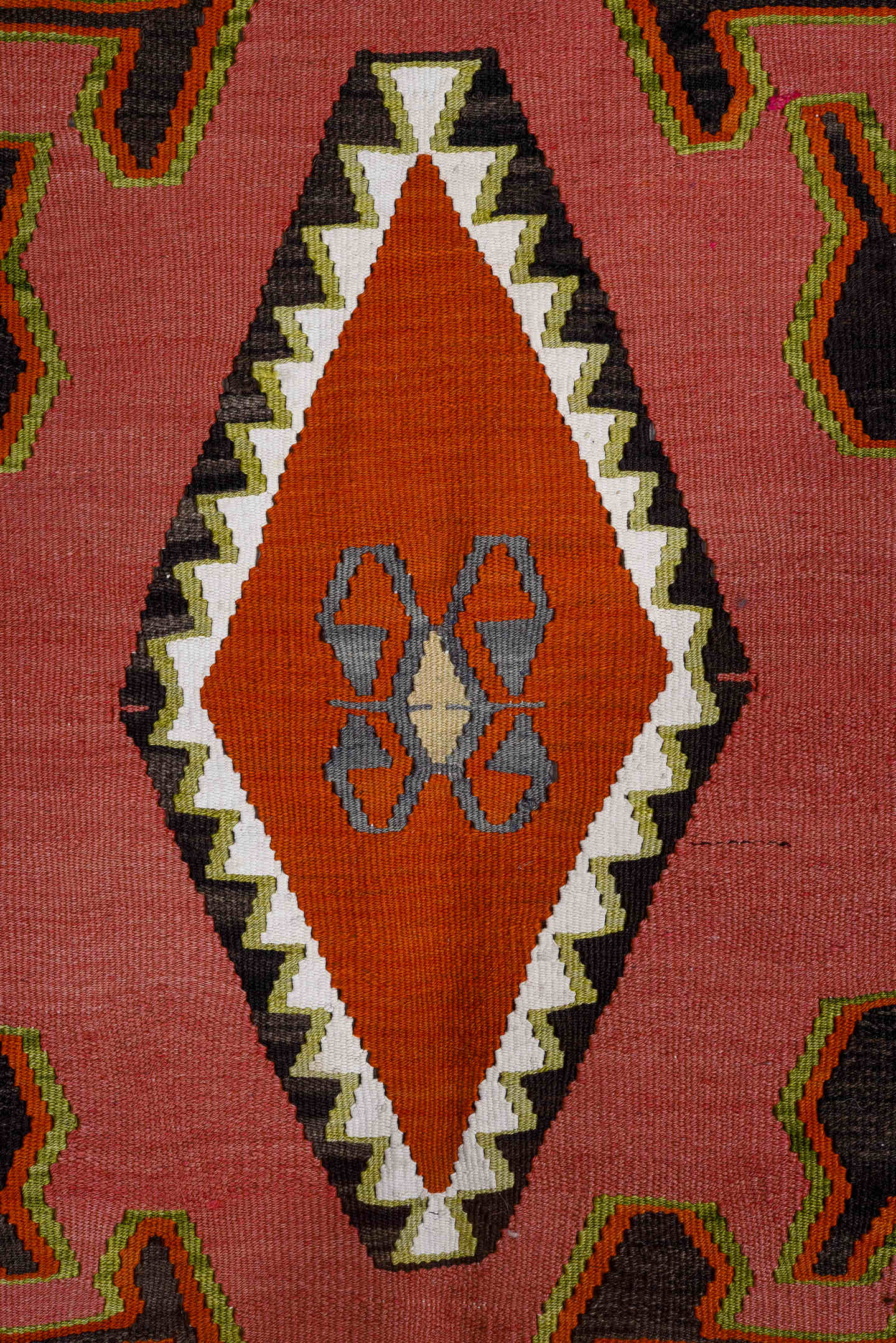 5' x 8' one-of-a-kind handmade vintage Kilim medium size rug. Color palette: burgundy, black, olive, coral, camel, ivory