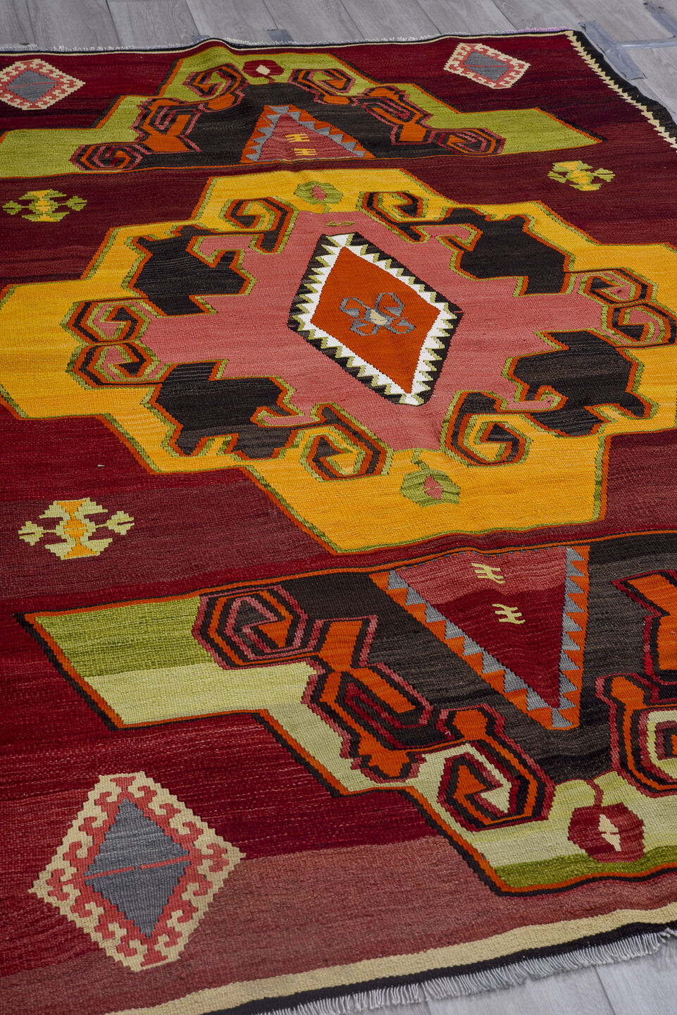 5' x 8' one-of-a-kind handmade vintage Kilim medium size rug. Color palette: burgundy, black, olive, coral, camel, ivory