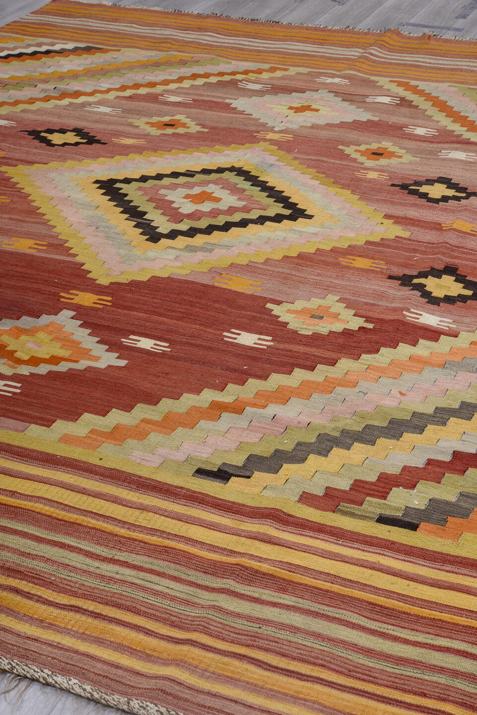 9' x 11' one-of-a-kind handmade vintage Kilim large size rug. Color palette: black, brown, dim gray, gray, orange, pink, red