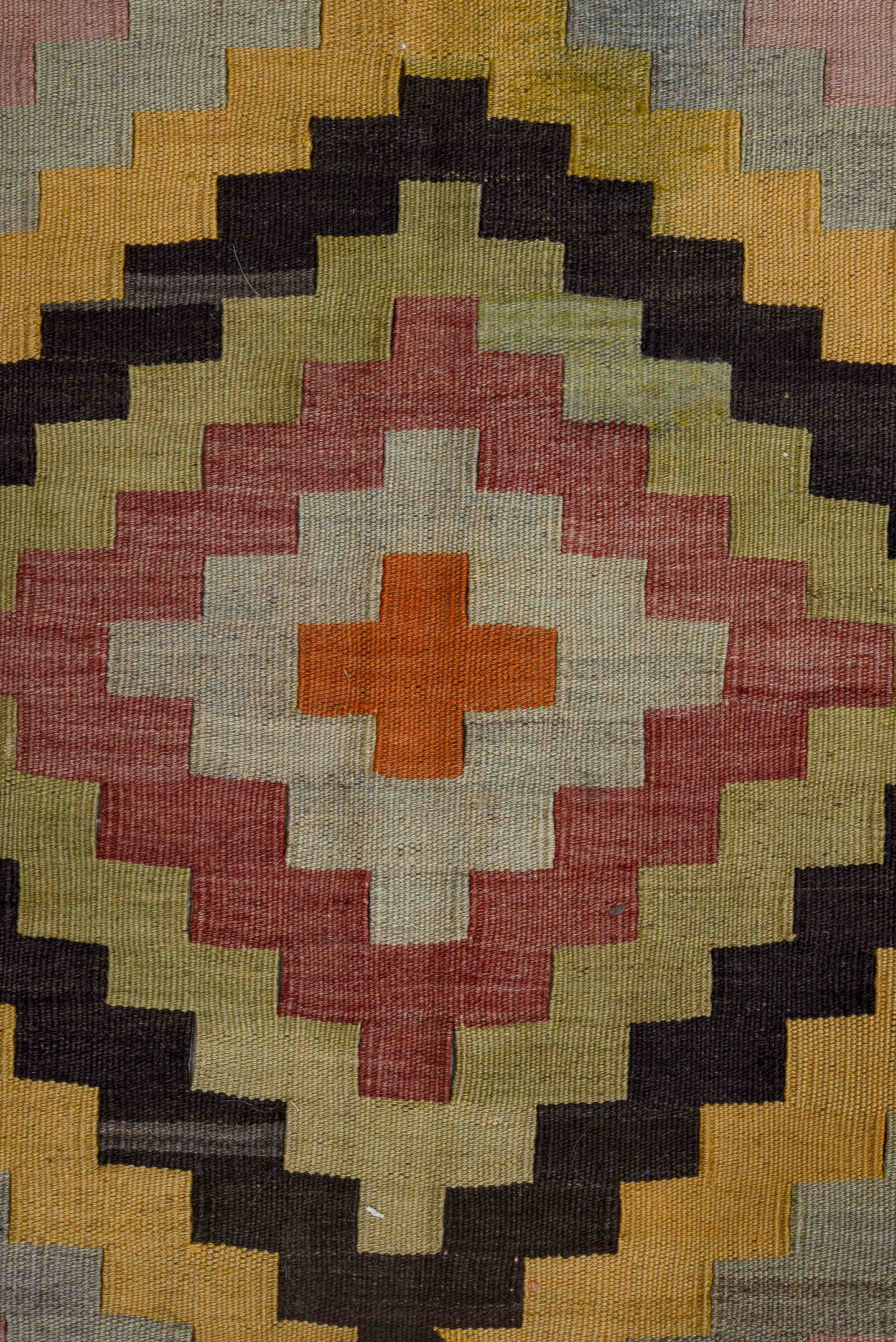 9' x 11' one-of-a-kind handmade vintage Kilim large size rug. Color palette: rose, saffron, ivory, terra cotta, blush