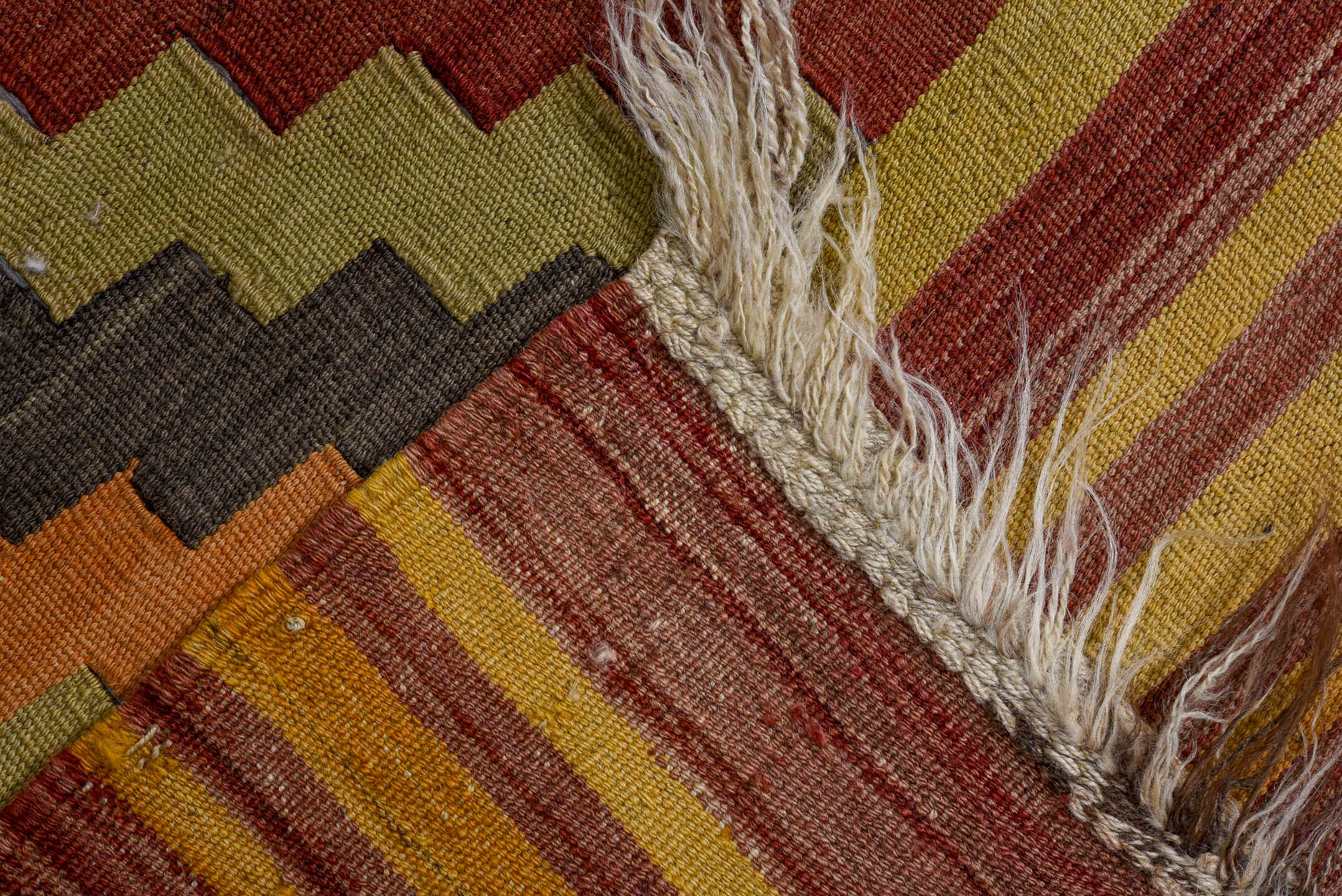 9' x 11' one-of-a-kind handmade vintage Kilim large size rug. Color palette: black, brown, dim gray, gray, orange, pink, red