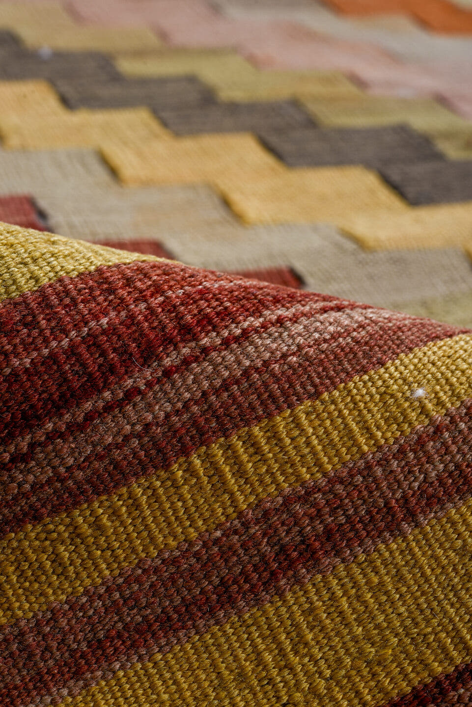 9' x 11' one-of-a-kind handmade vintage Kilim large size rug. Color palette: rose, saffron, ivory, terra cotta, blush
