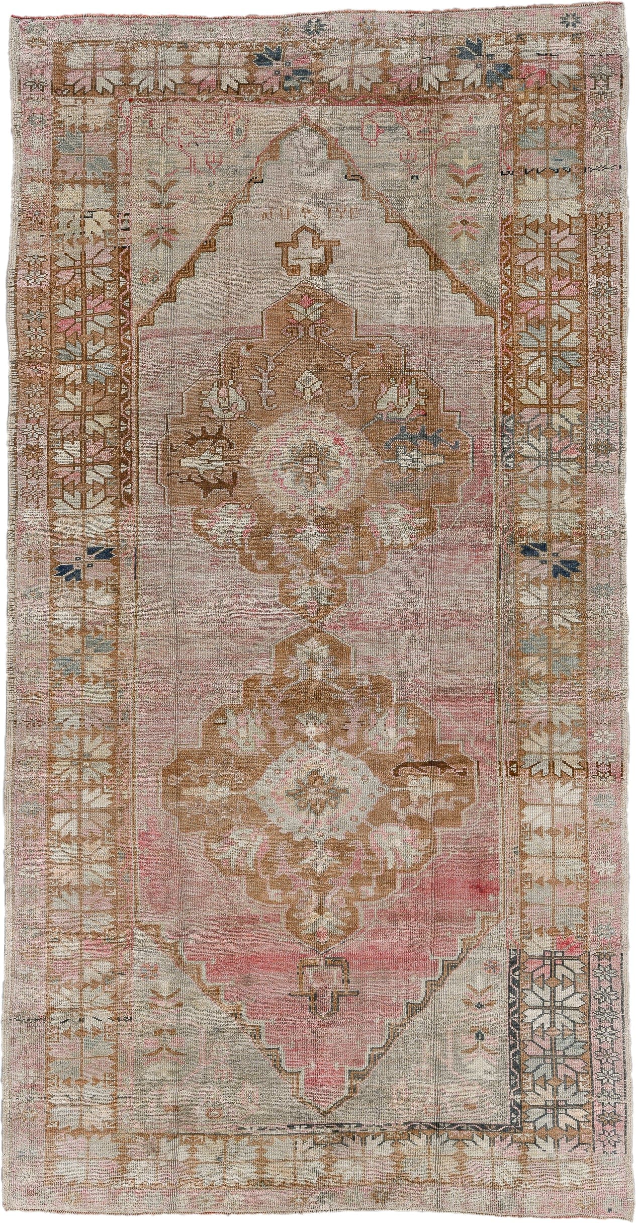5' x 9' one-of-a-kind handmade antique Oushak medium size rug. Color palette: blush, ivory, taupe, camel, dusty rose, sage