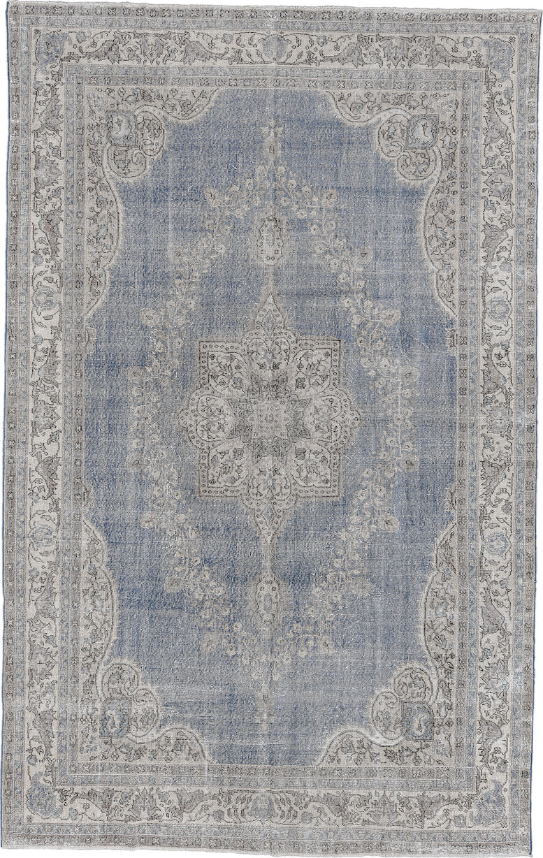 7' x 12' one-of-a-kind handmade antique Sparta large size rug. Color palette: light blue, ivory, gray, taupe, slate, beige