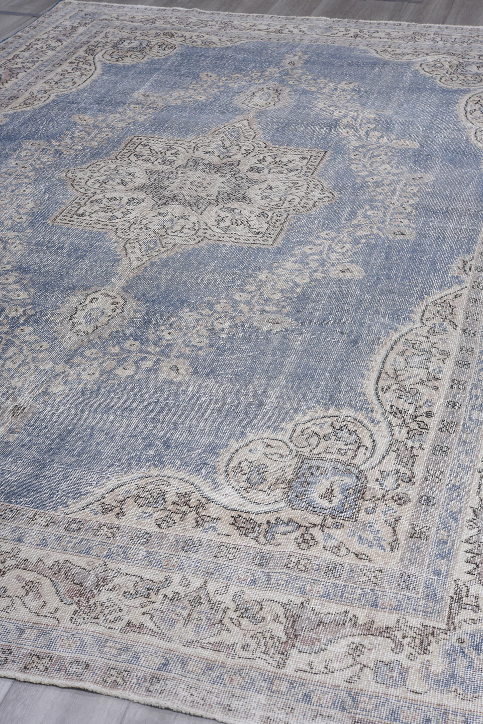 7' x 12' one-of-a-kind handmade vintage Sparta large size rug. Color palette: black, blue, charcoal, dark gray, dim gray