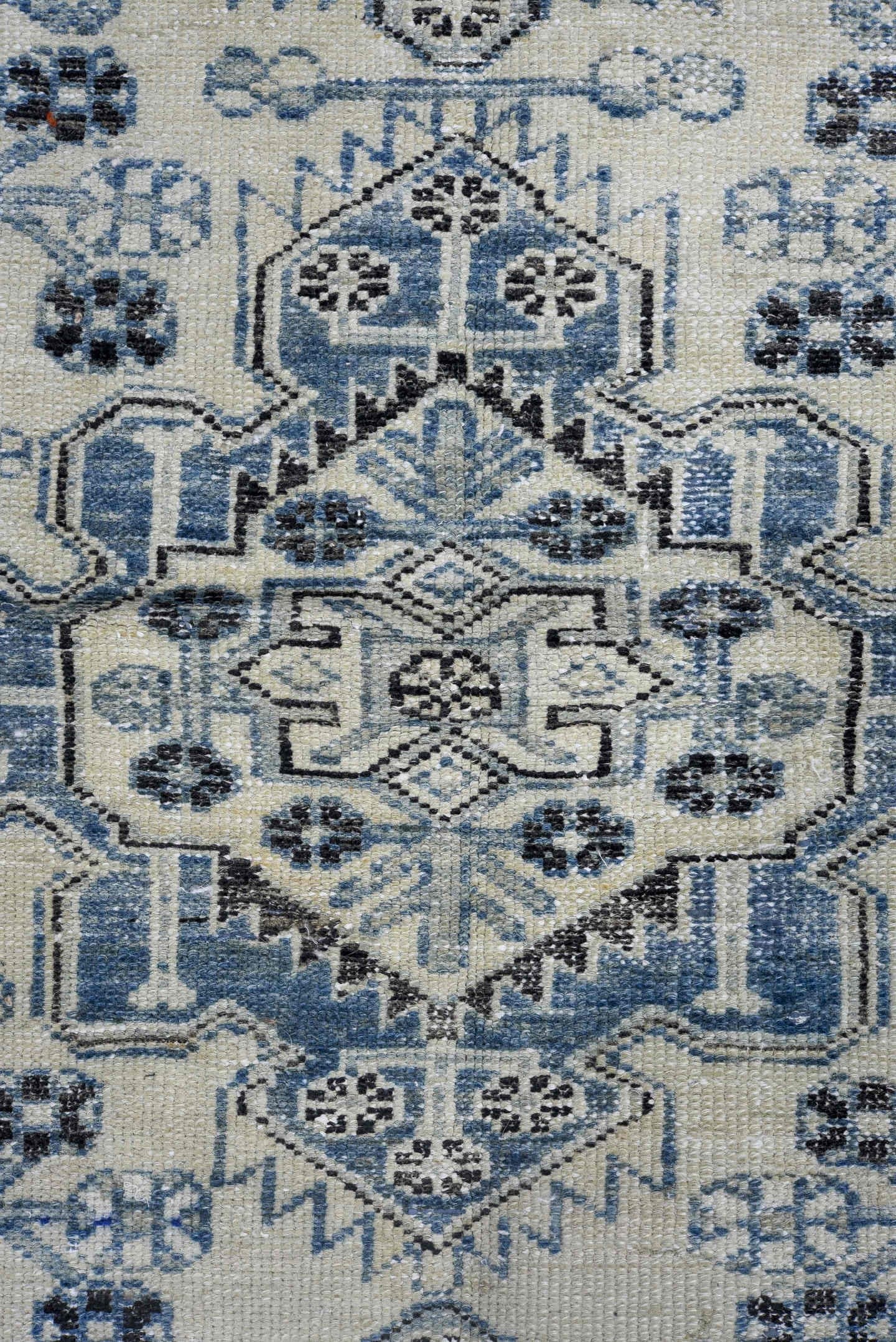 2' x 9' one-of-a-kind handmade antique Karaje runner rug. Color palette: ivory, indigo, charcoal, slate, taupe, purple, gray