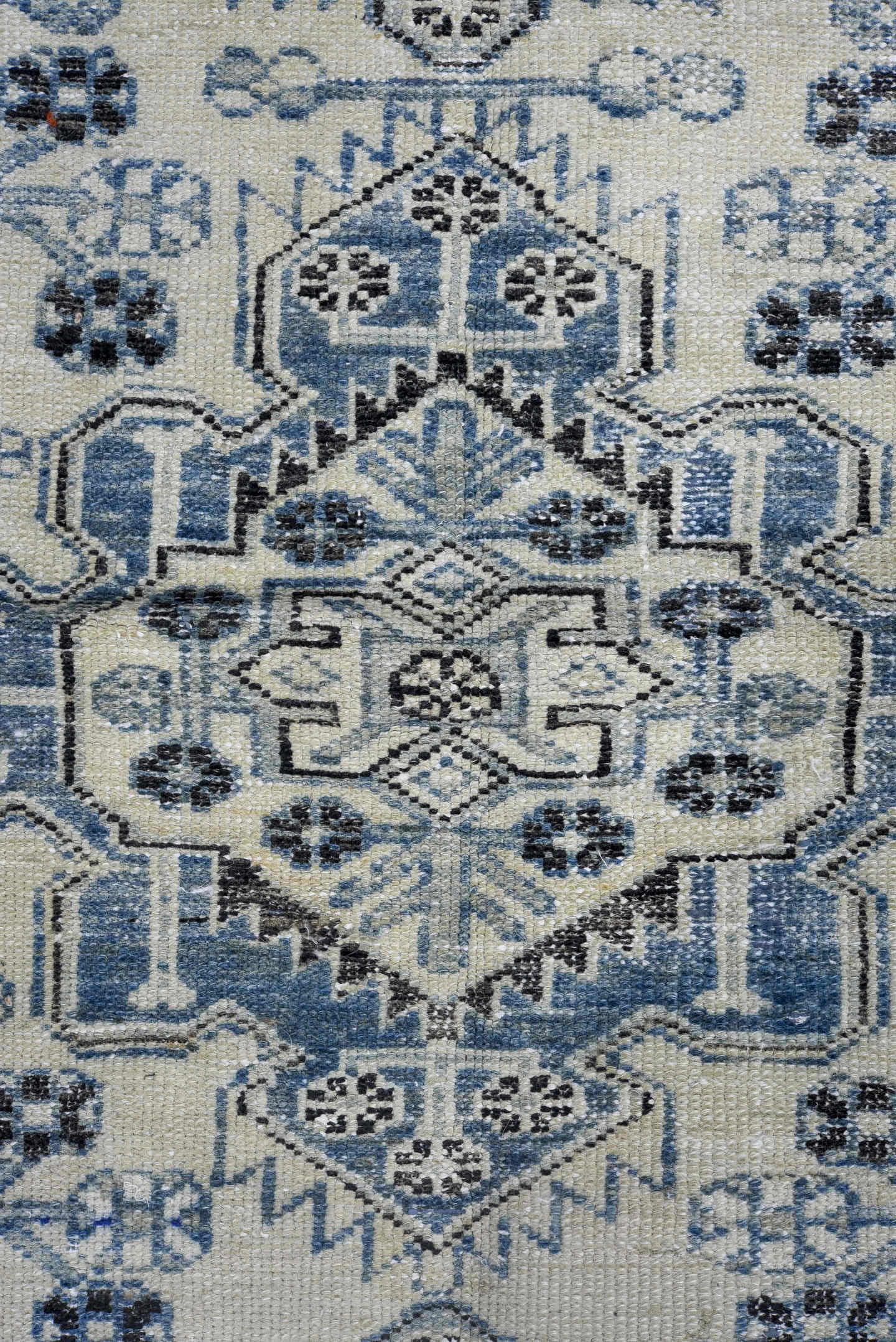 2' x 9' one-of-a-kind handmade antique Karaje runner rug. Color palette: ivory, indigo, charcoal, slate, taupe, purple, gray