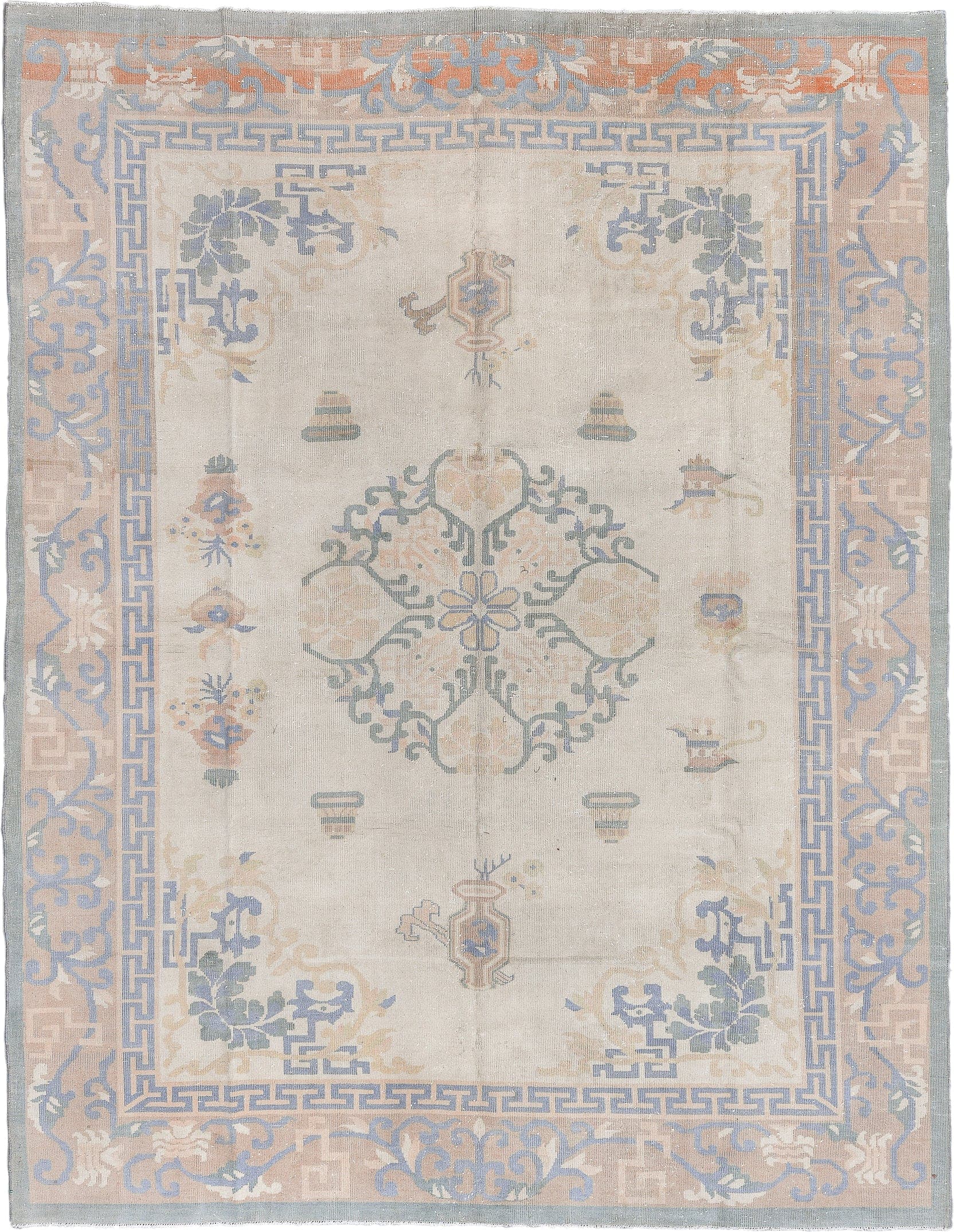 8' x 11' one-of-a-kind handmade antique Chinese large size rug. Color palette: ivory, pale blue, beige, taupe, cream, camel