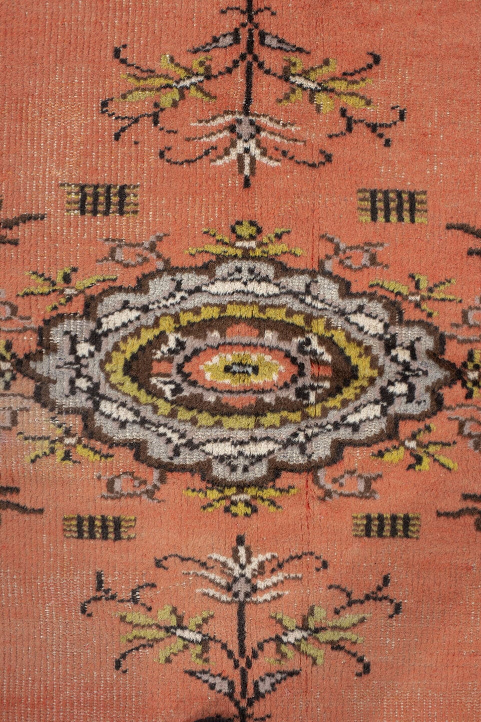 2' x 3' one-of-a-kind handmade vintage Oushak small size rug. Color palette: salmon, ivory, charcoal, olive, taupe, brown