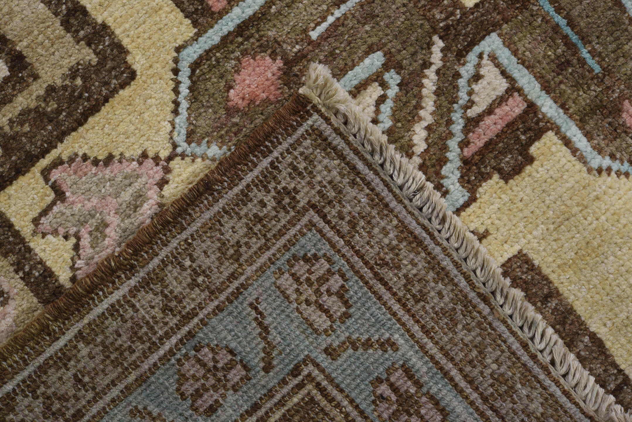 4' x 10' one-of-a-kind handmade vintage Sarab runner rug. Color palette: camel, brown, ivory, sky_blue, taupe, rose