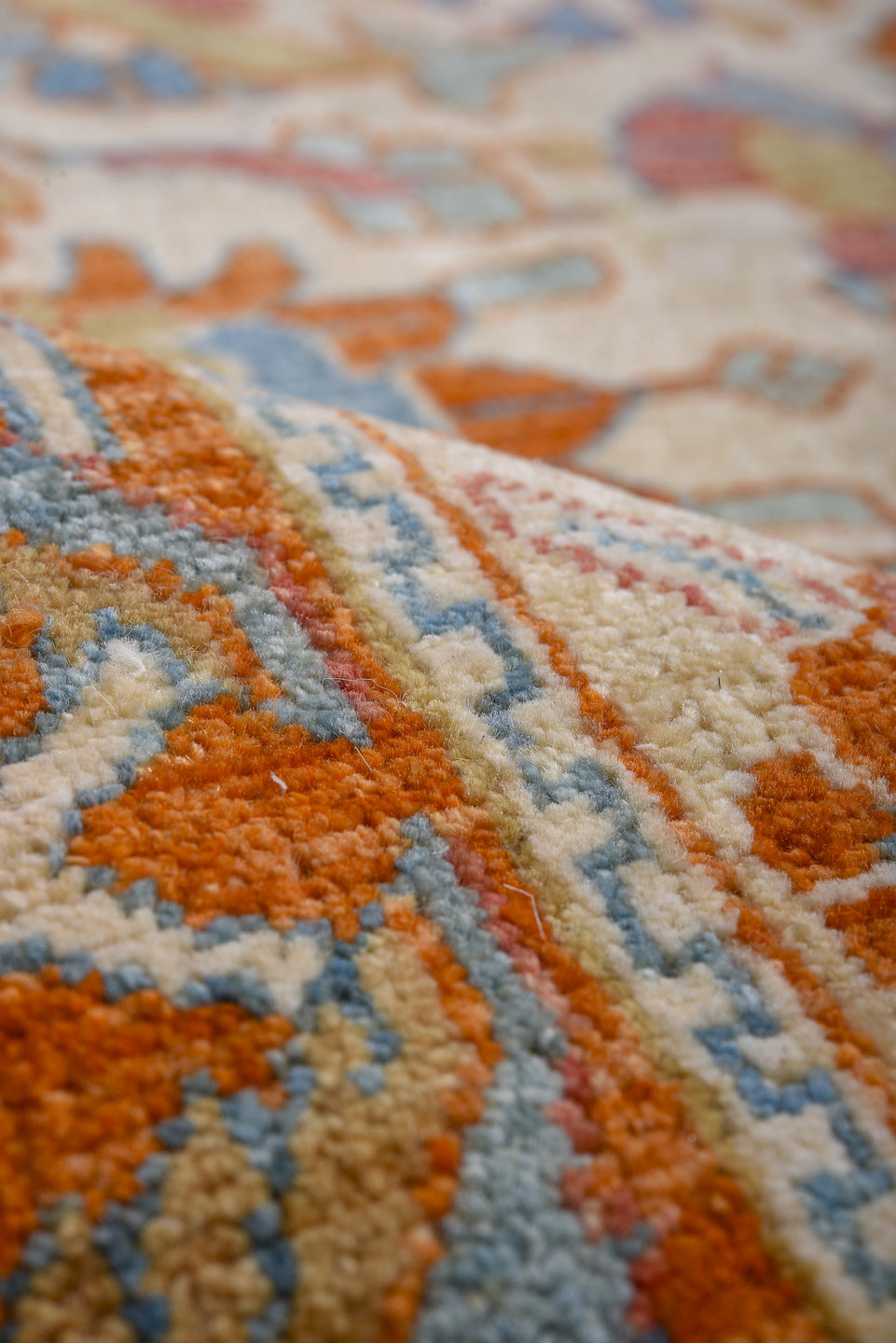 9' x 16' one-of-a-kind handmade vintage Tabriz rug. Color palette: ivory, sky blue, rust, terra cotta, slate, rose, camel