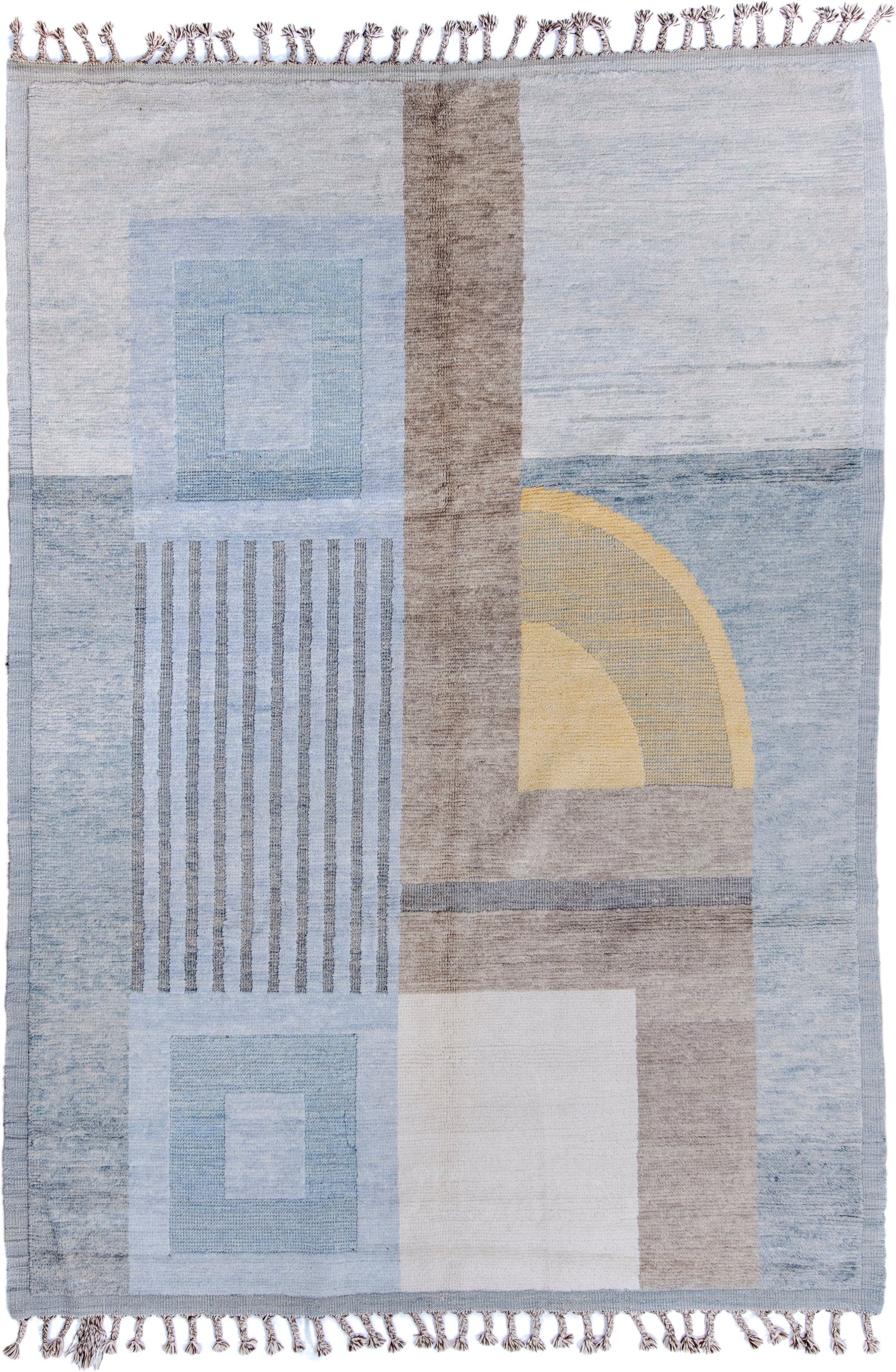 6' x 9' one-of-a-kind handmade vintage Tulu medium size rug. Color palette: pale blue, ivory, taupe, gray, muted gold