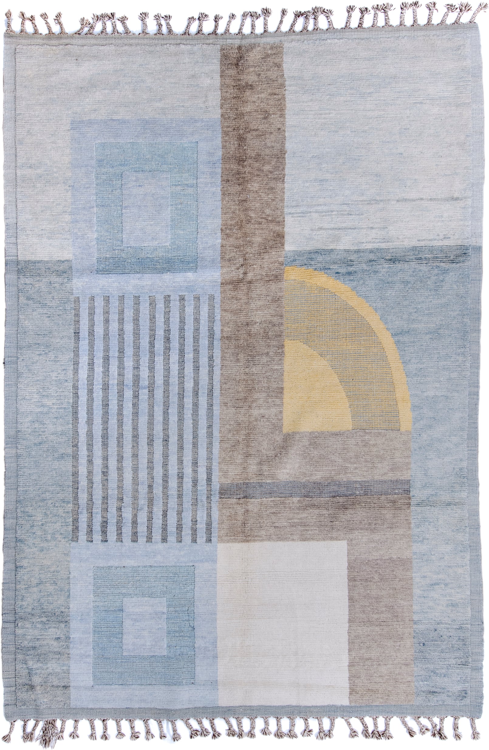 6' x 9' one-of-a-kind handmade vintage Tulu medium size rug. Color palette: pale blue, ivory, taupe, gray, muted gold