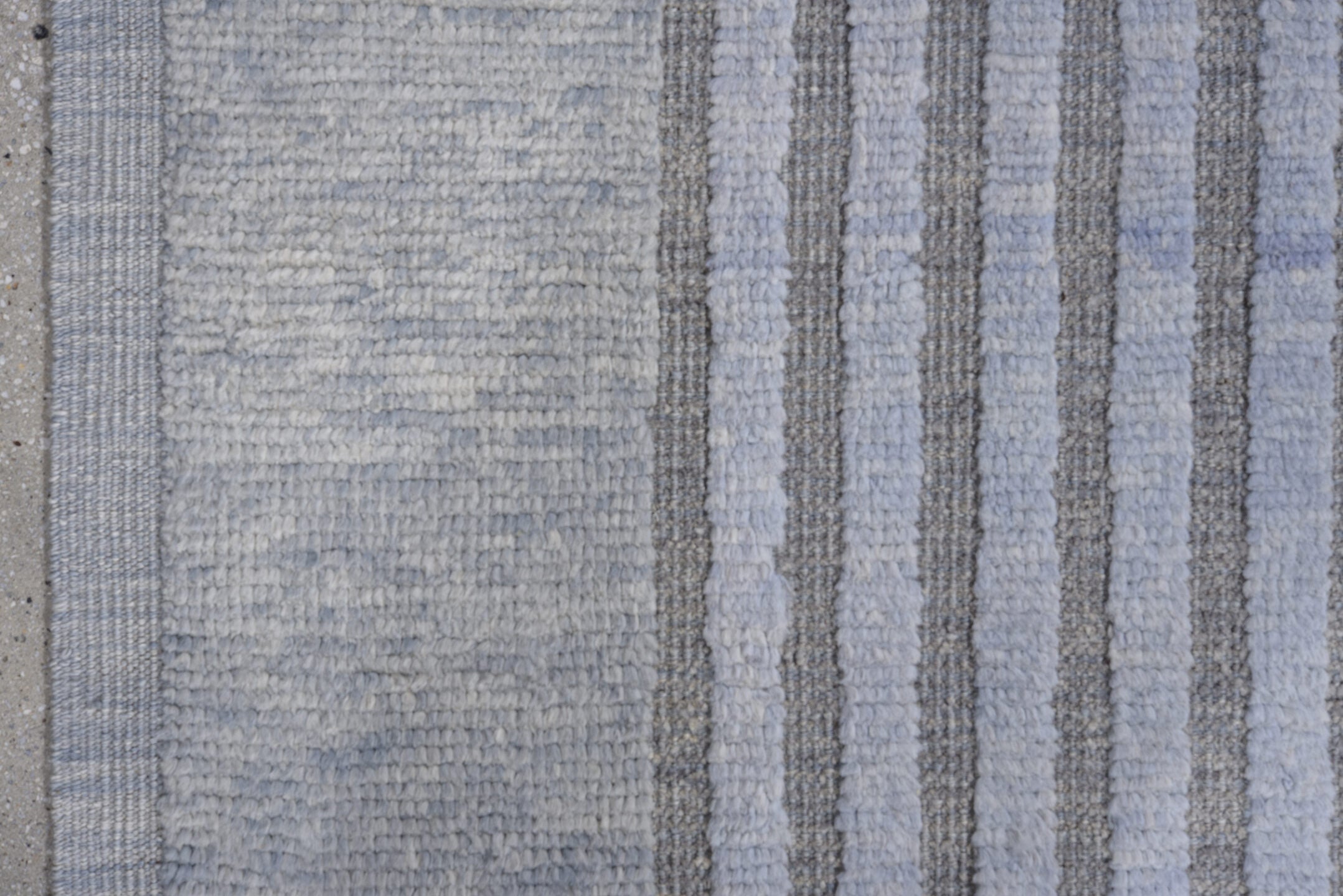 6' x 9' one-of-a-kind handmade vintage Tulu medium size rug. Color palette: pale blue, ivory, taupe, gray, muted gold
