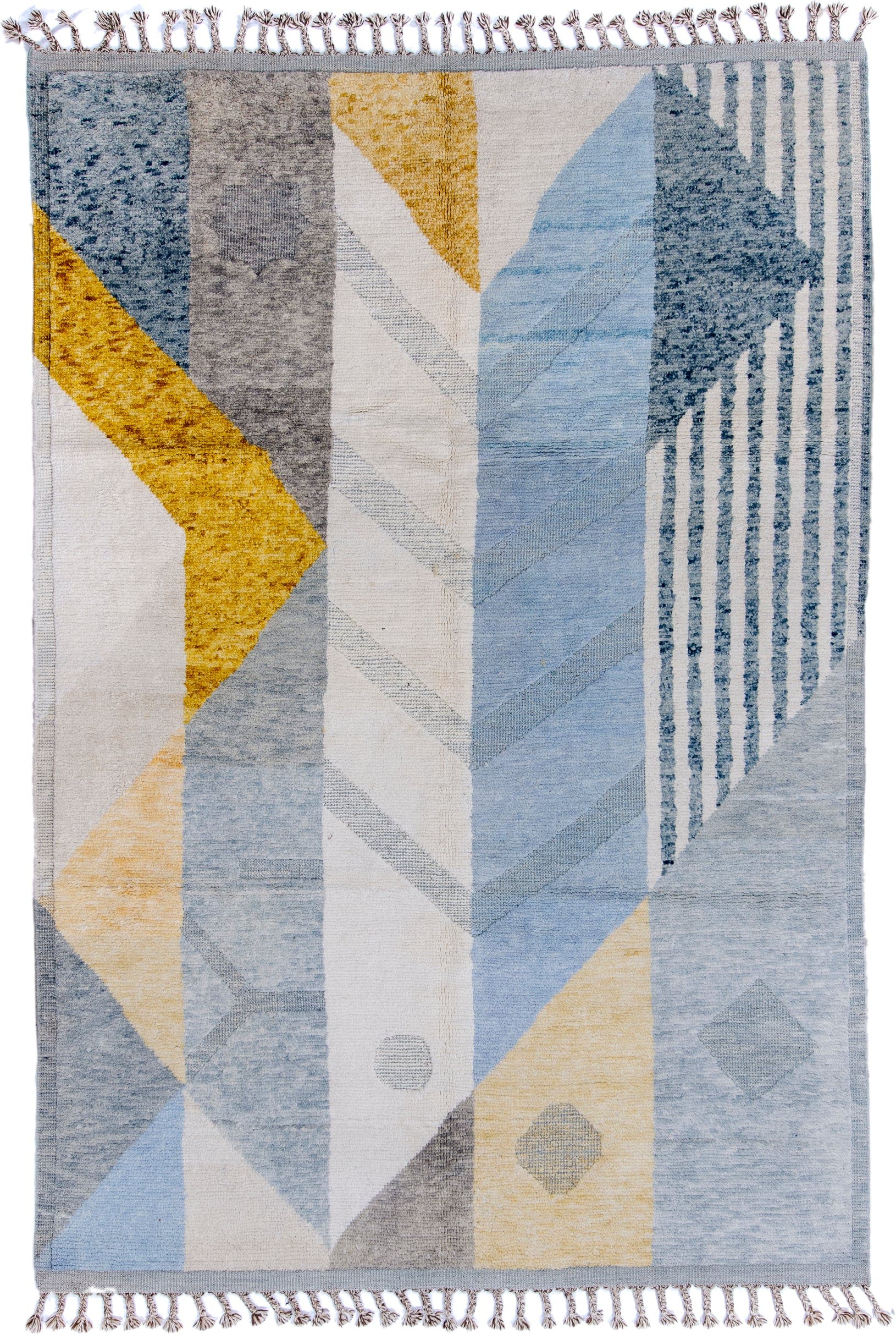 6' x 10' one-of-a-kind handmade vintage Tulu large size rug. Color palette: ivory, pale blue, gray, gold, slate, light blue