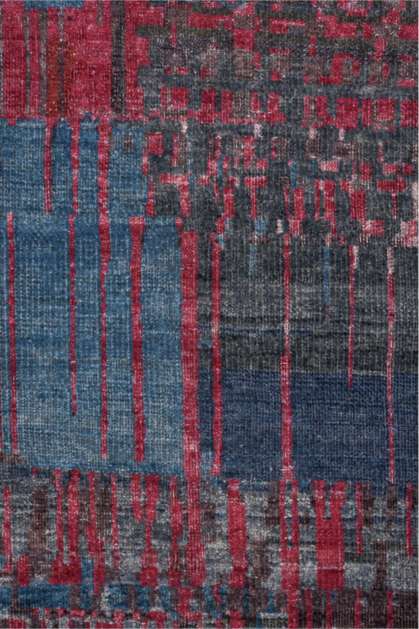 9' x 13' one-of-a-kind handmade handmade Contemporary large size rug. Color palette: charcoal, rose, slate, crimson, blue