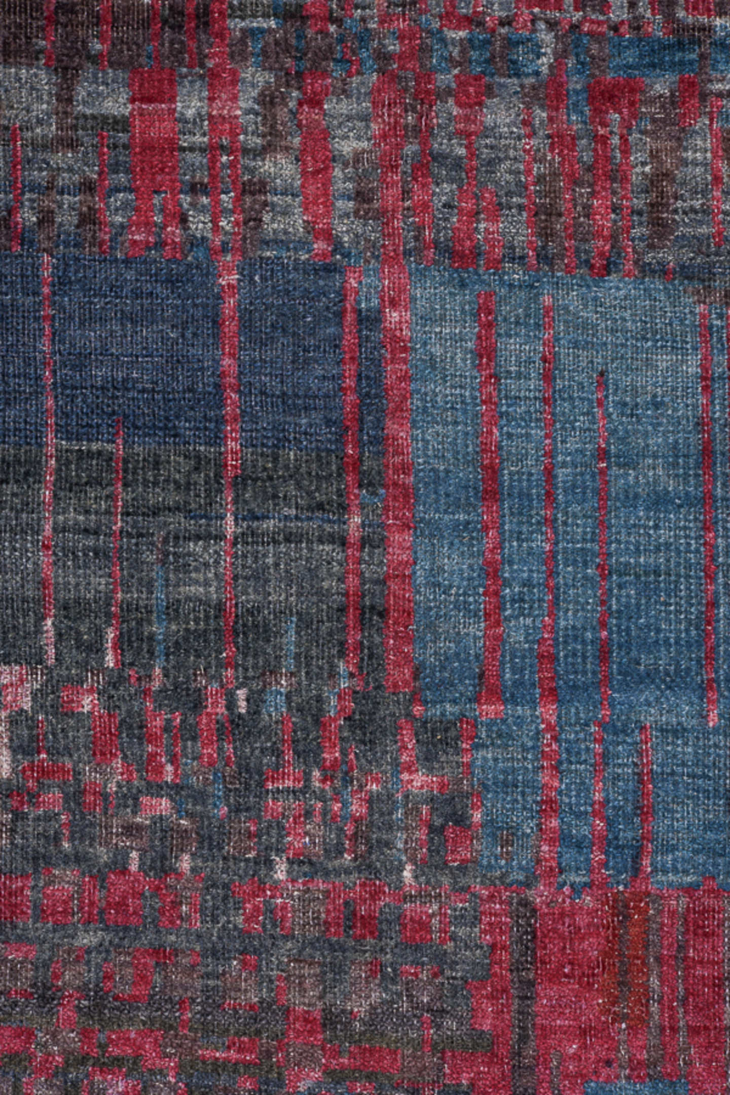 9' x 13' one-of-a-kind handmade handmade Contemporary large size rug. Color palette: charcoal, rose, slate, crimson, blue