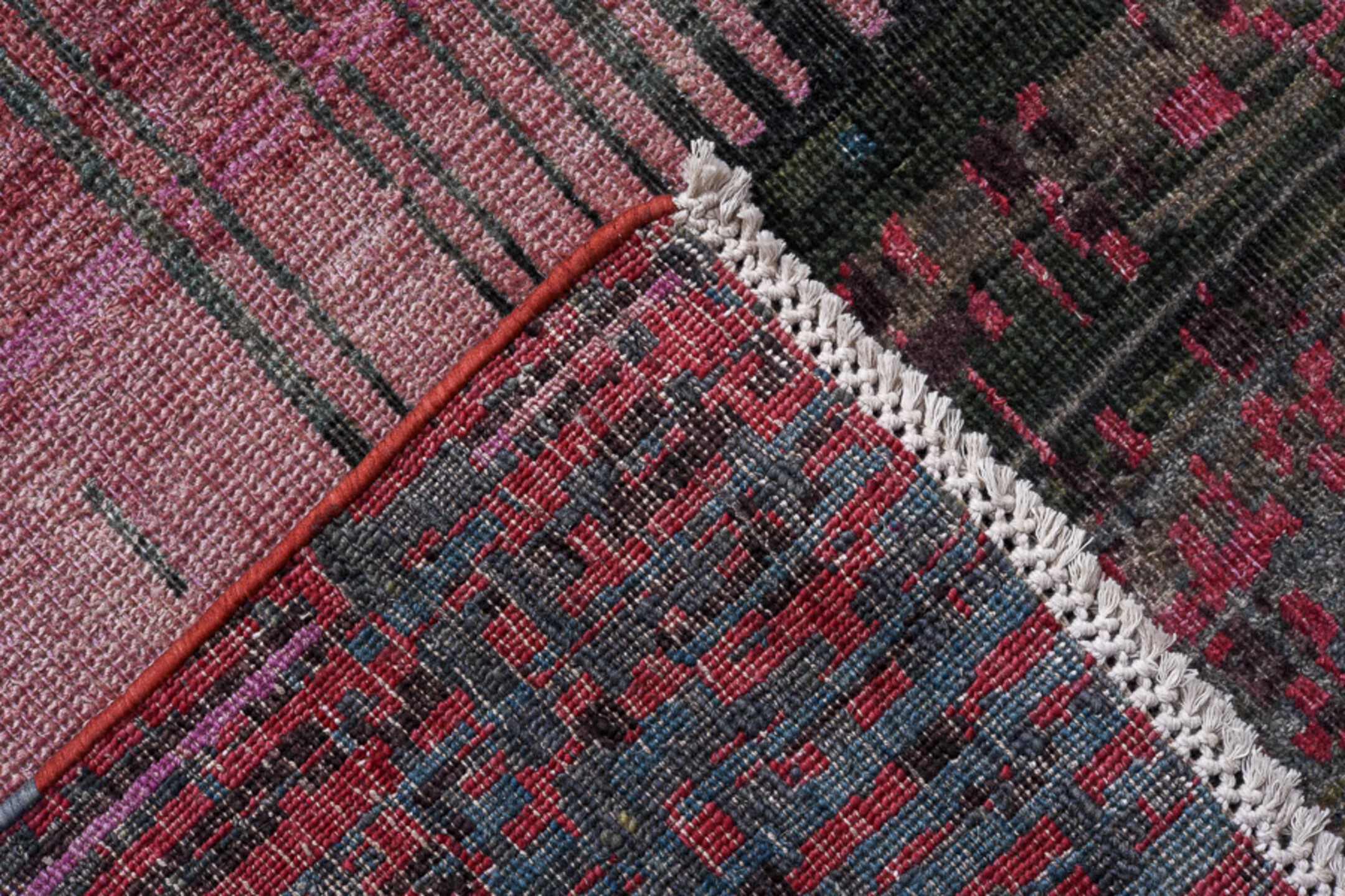 9' x 13' one-of-a-kind handmade handmade Contemporary large size rug. Color palette: charcoal, rose, slate, crimson, blue