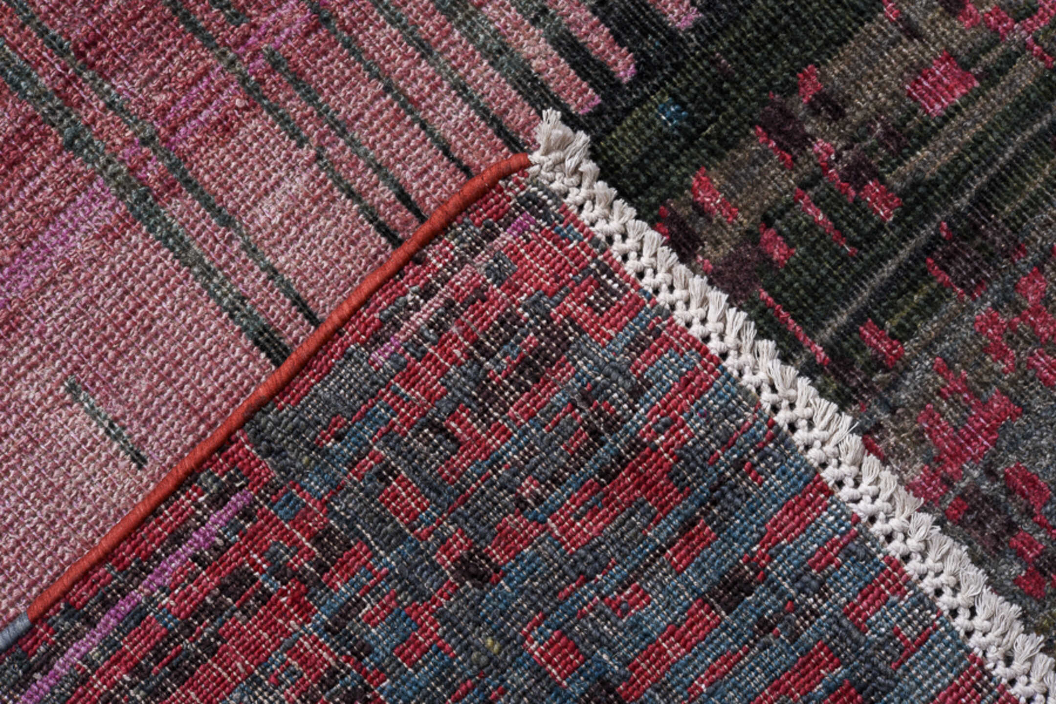 9' x 13' one-of-a-kind handmade handmade Contemporary large size rug. Color palette: charcoal, rose, slate, crimson, blue